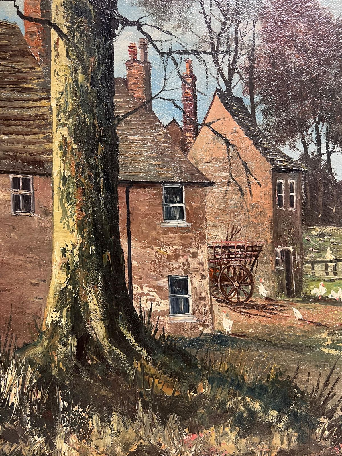 Nigel Hallard (1936 2020)large Traditional English Oil Rural Farm Landscape With Chickens House & Figures photo for sale