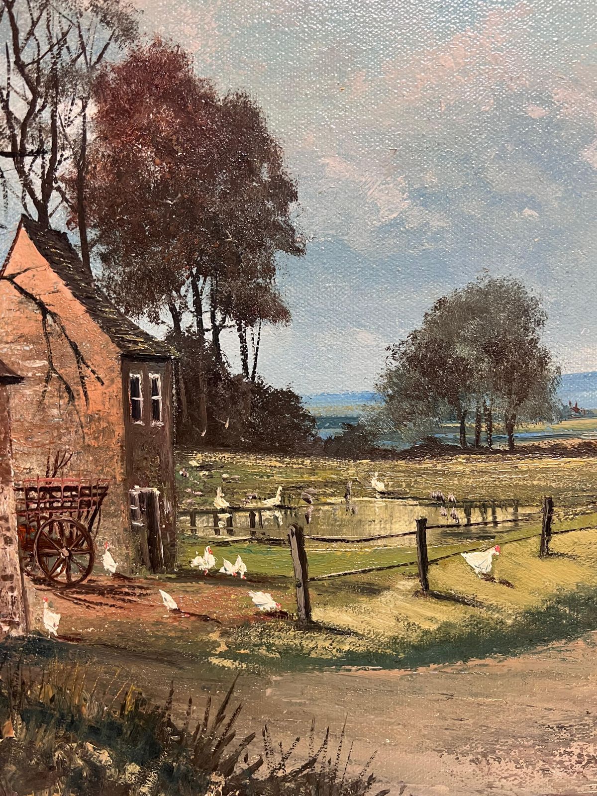 Nigel Hallard (1936 2020)large Traditional English Oil Rural Farm Landscape With Chickens House & Figures photo Art