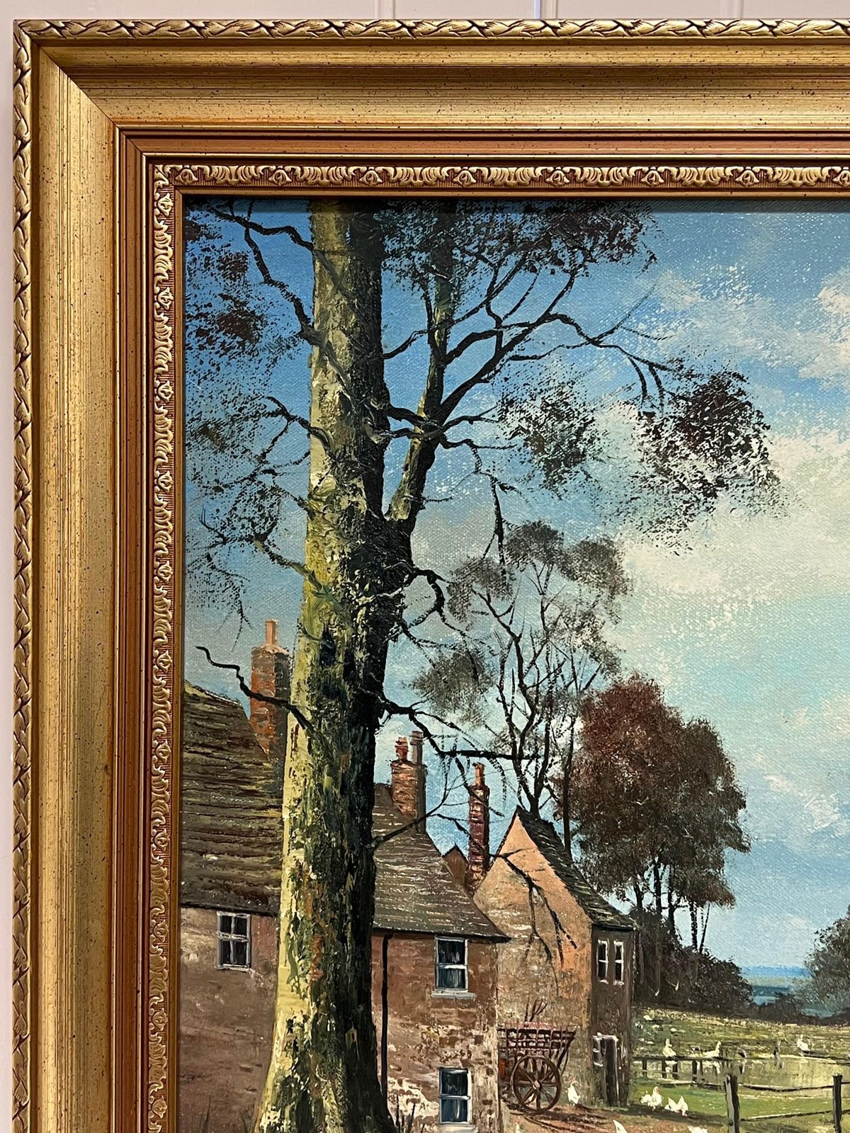 906.0 Nigel Hallard (1936 2020)large Traditional English Oil Rural Farm Landscape With Chickens House & Figures photo