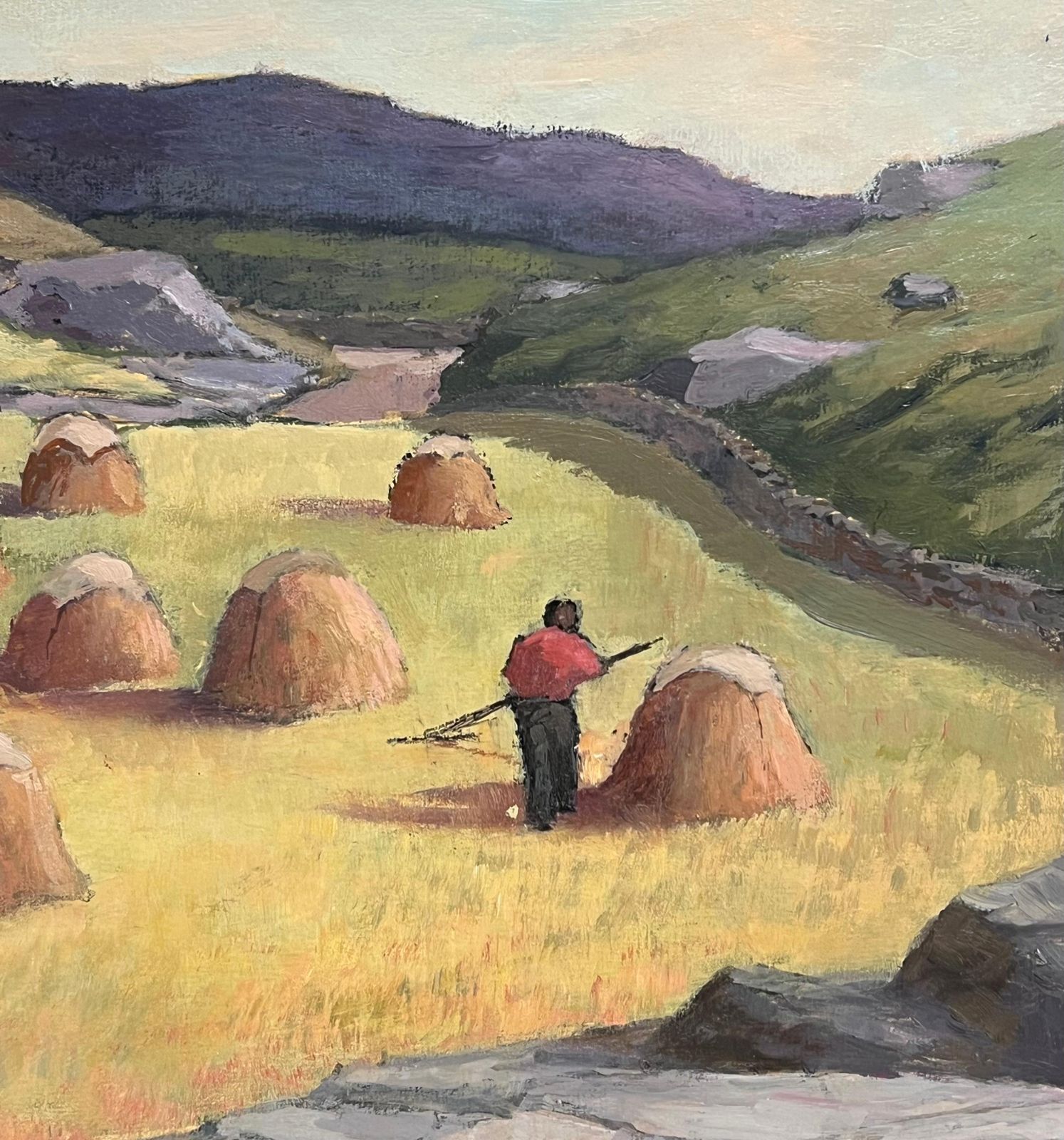 Irish School (Late 20th Century)irish Impressionist Oil Painting Haystooks In Landscape Field Harvest Workers photo vinterior
