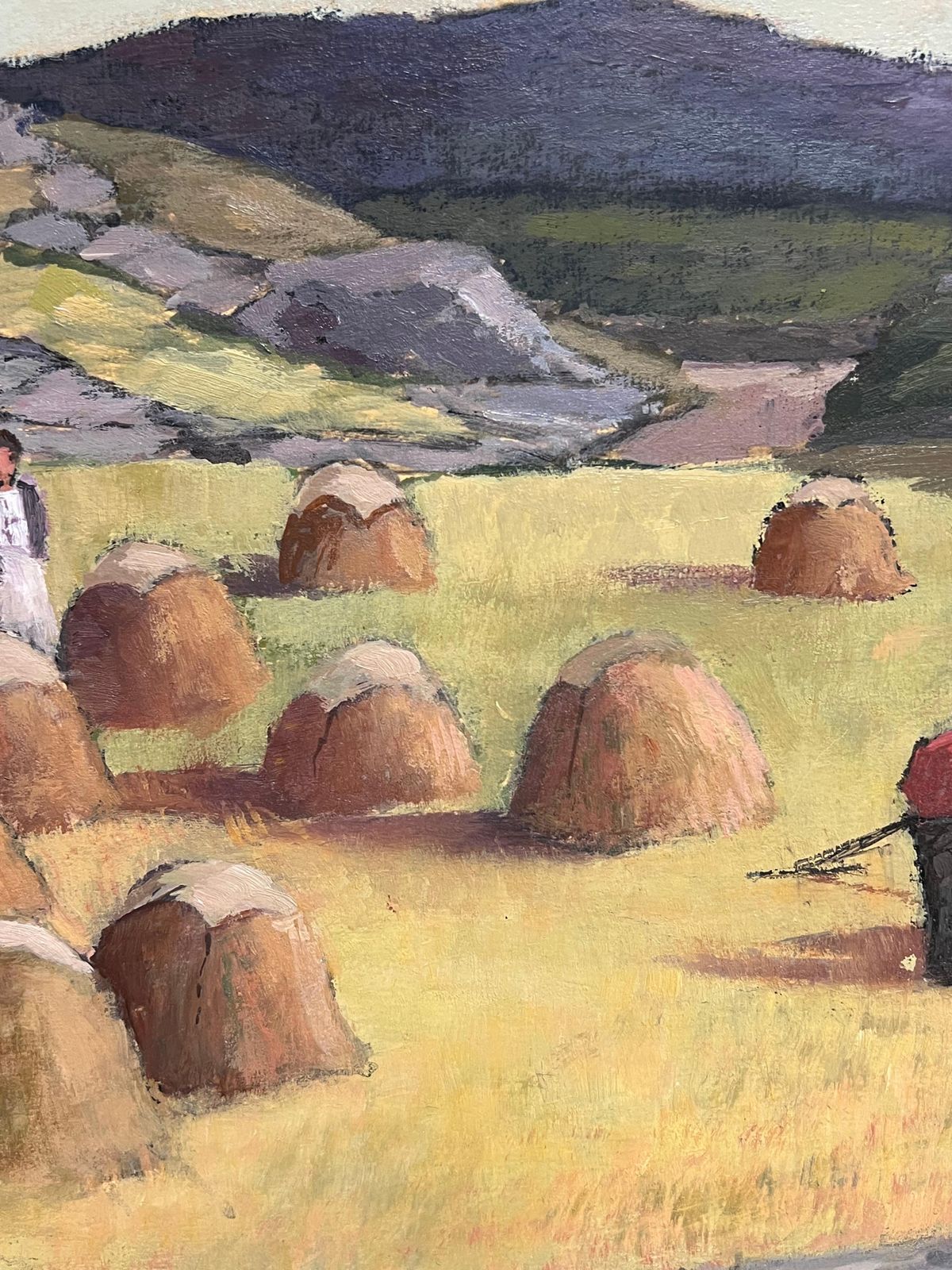 photo furniture Irish School (Late 20th Century)irish Impressionist Oil Painting Haystooks In Landscape Field Harvest Workers