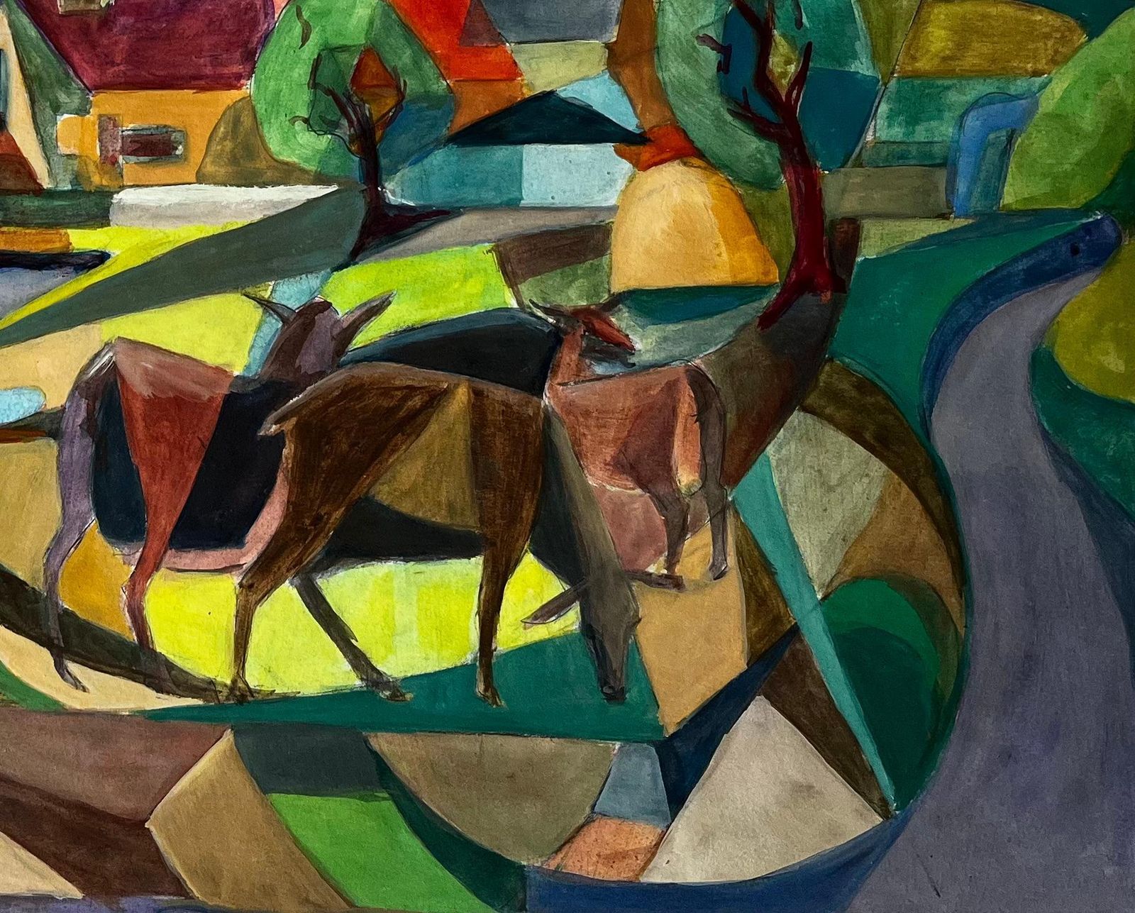 Guy Nicod Cubist Gouache French Village Landscape With Deer Church Trees And Hills photo for sale
