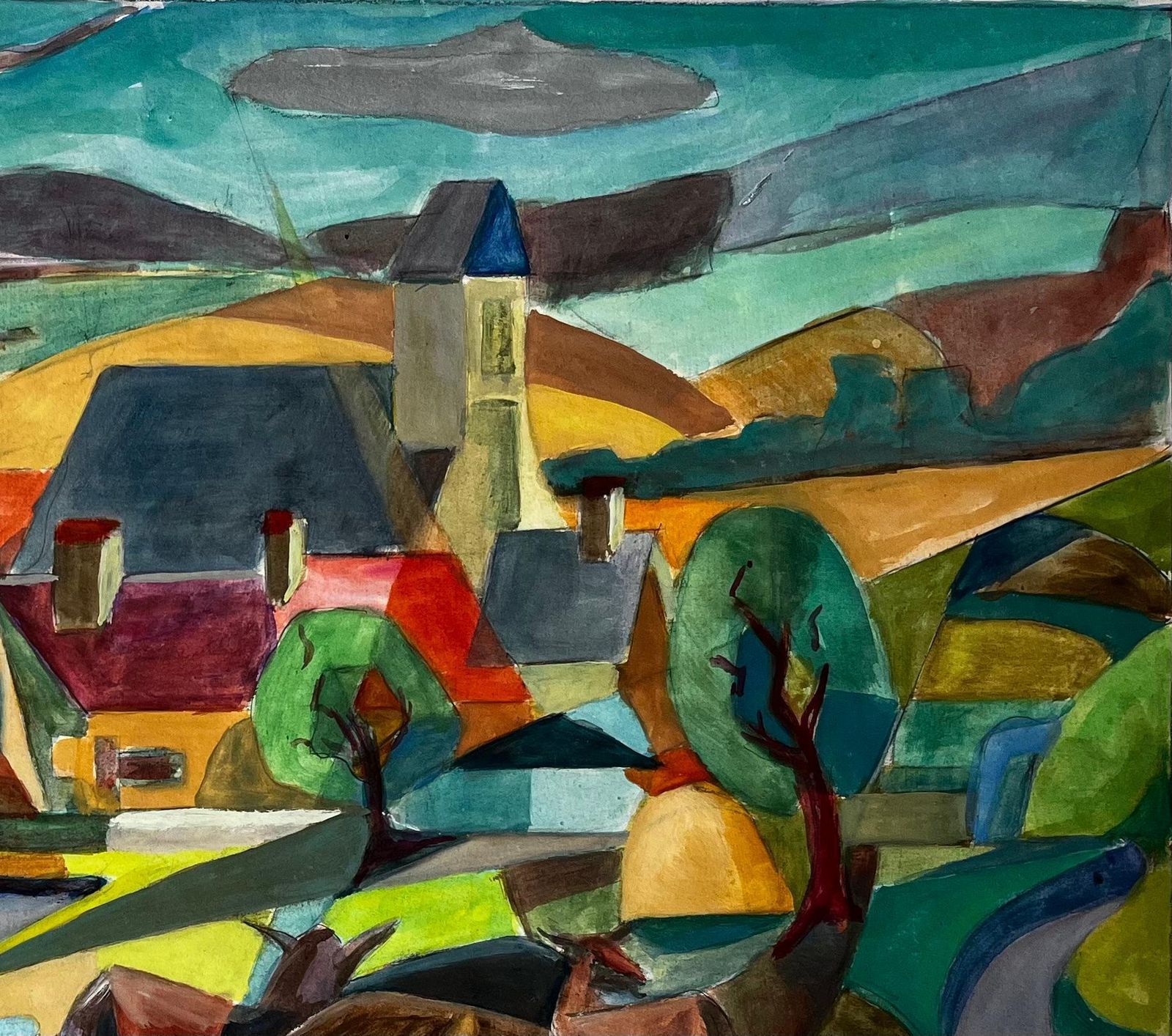 Guy Nicod Cubist Gouache French Village Landscape With Deer Church Trees And Hills photo Art