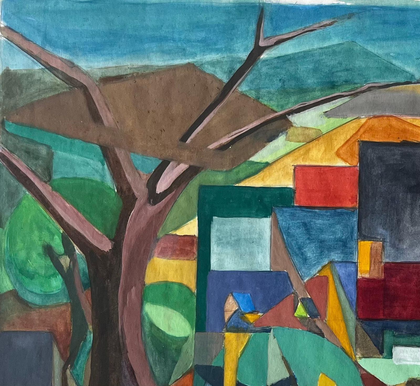 Guy Nicodcubist Gouache French Village Landscape With Trees Houses And Church Tower photo vinterior