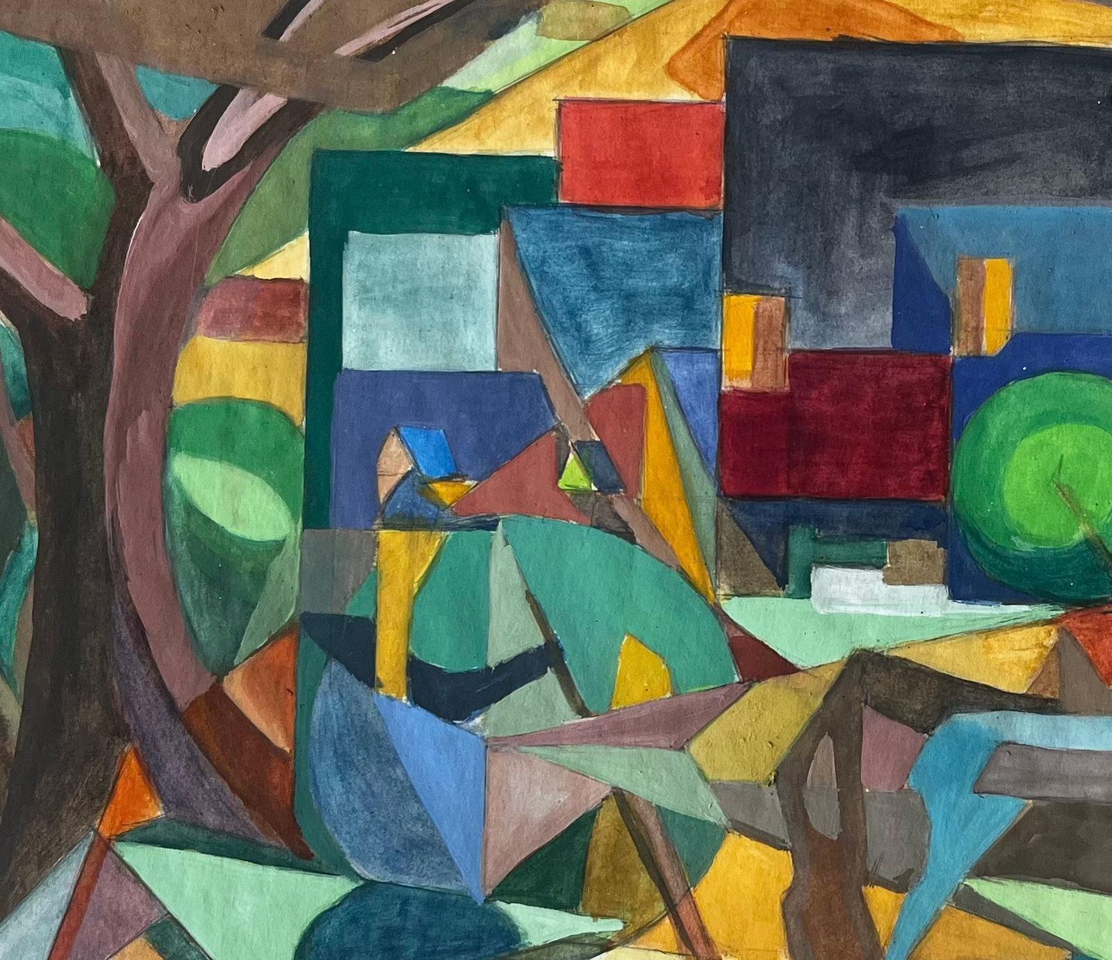 Guy Nicodcubist Gouache French Village Landscape With Trees Houses And Church Tower photo vintage