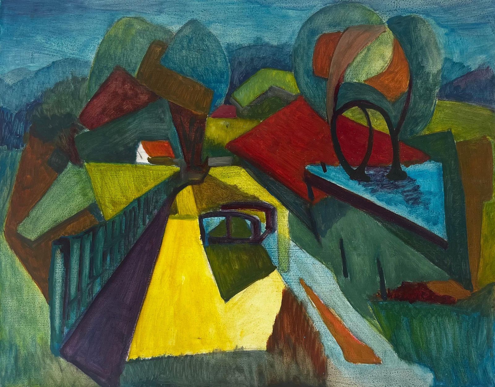Guy Nicodcubist French Countryside Landscape With Houses Trees And Bridge Modernist