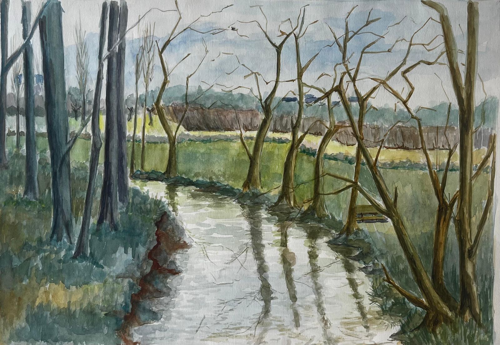 Guy Nicodfrench Riverbank With Trees And Reflections Watercolour Landscape Painting