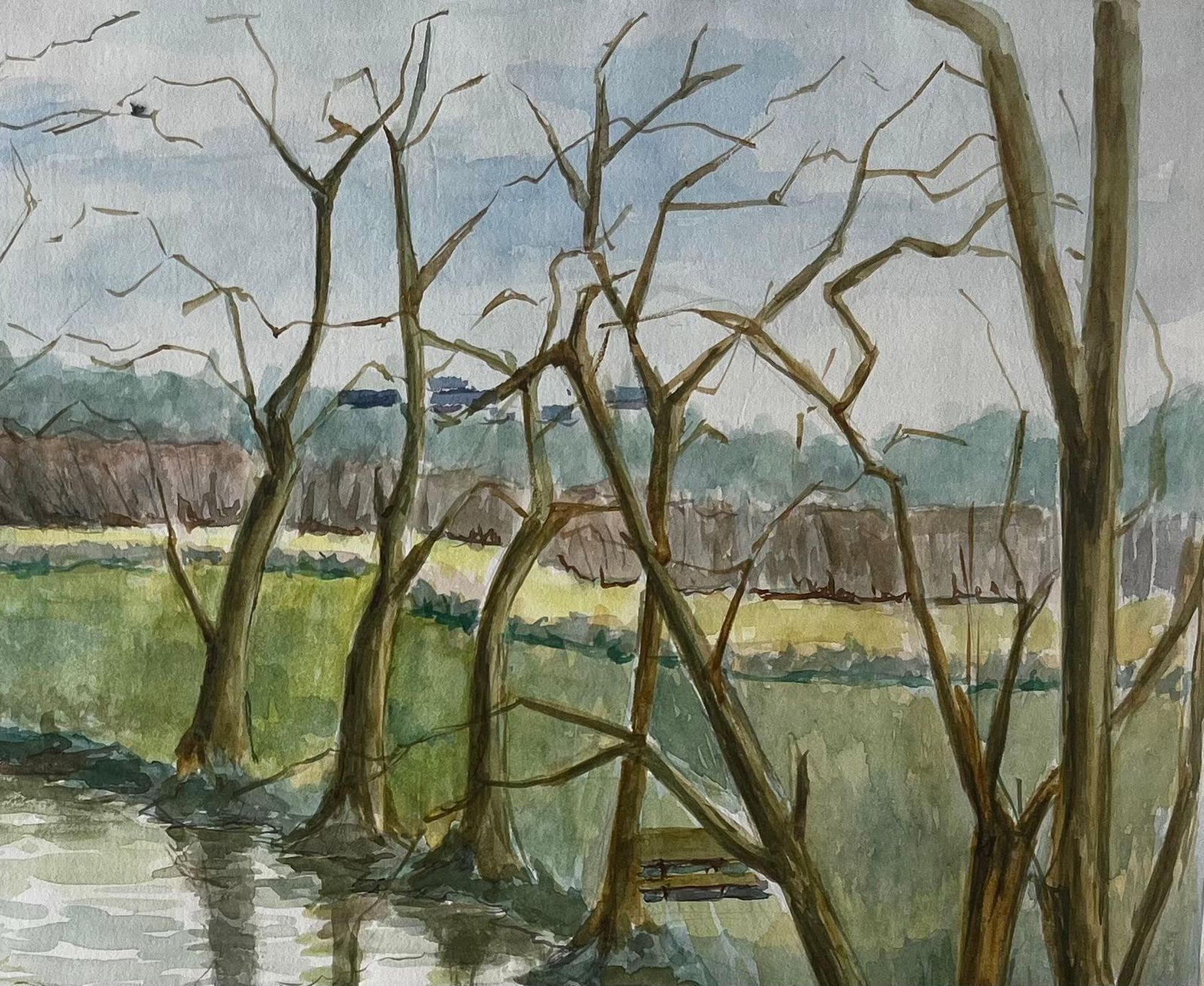 Guy Nicodfrench Riverbank With Trees And Reflections Watercolour Landscape Painting photo for sale