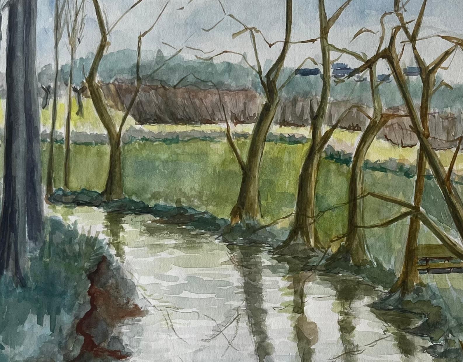 Guy Nicodfrench Riverbank With Trees And Reflections Watercolour Landscape Painting photo buy