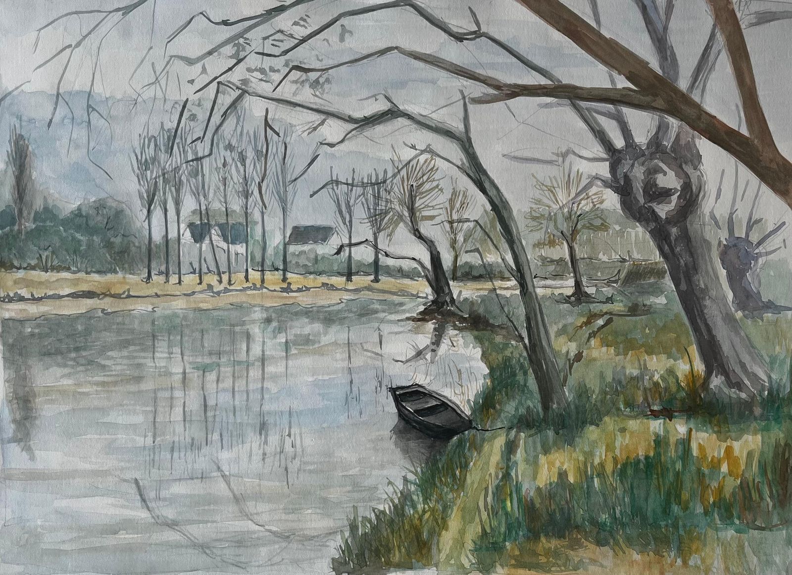 Guy Nicodfrench River Landscape With Bare Winter Trees And Rowing Boat Watercolour
