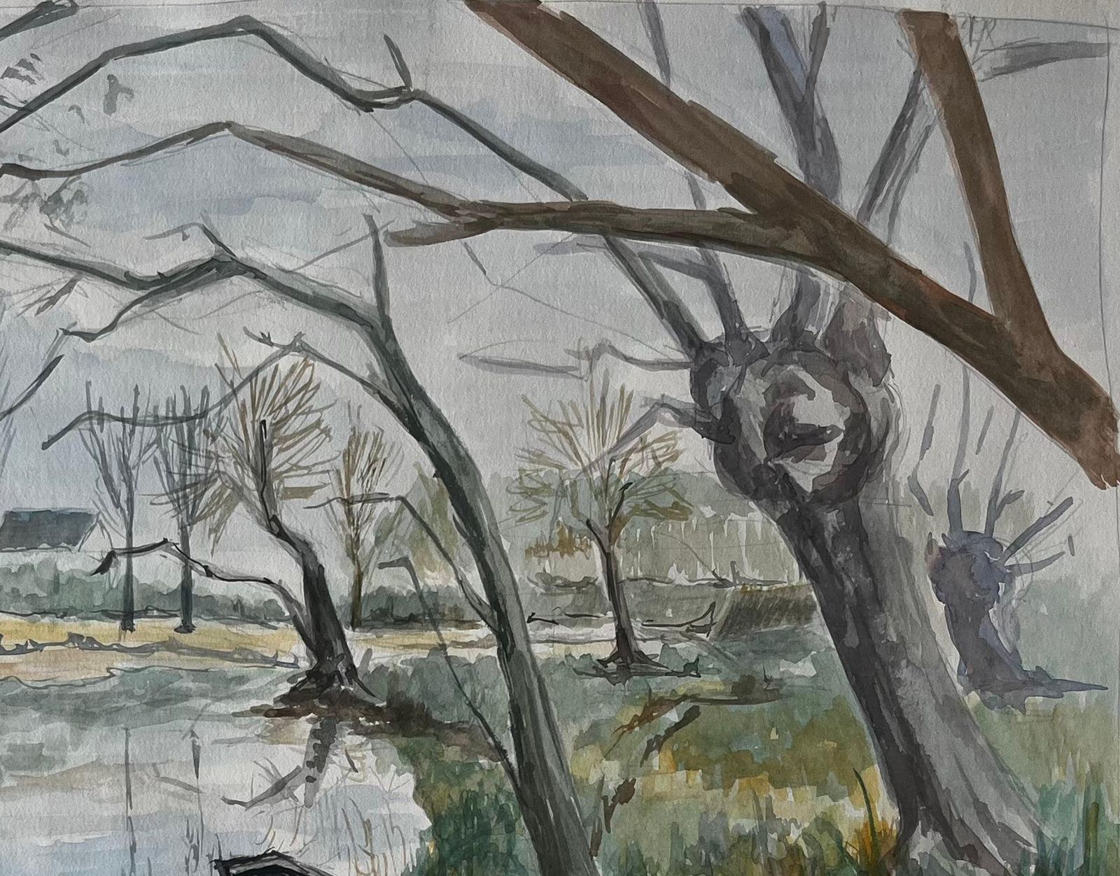 Guy Nicodfrench River Landscape With Bare Winter Trees And Rowing Boat Watercolour photo 519.0