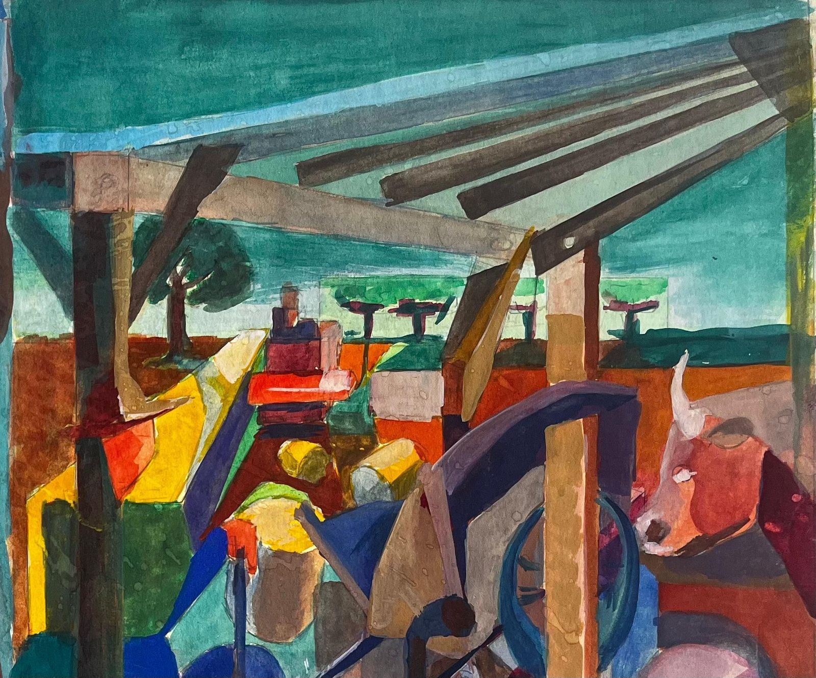 Guy Nicodcubist Gouache French Farmyard Scene With Animals Figures Wine Barrels And Tools photo Art