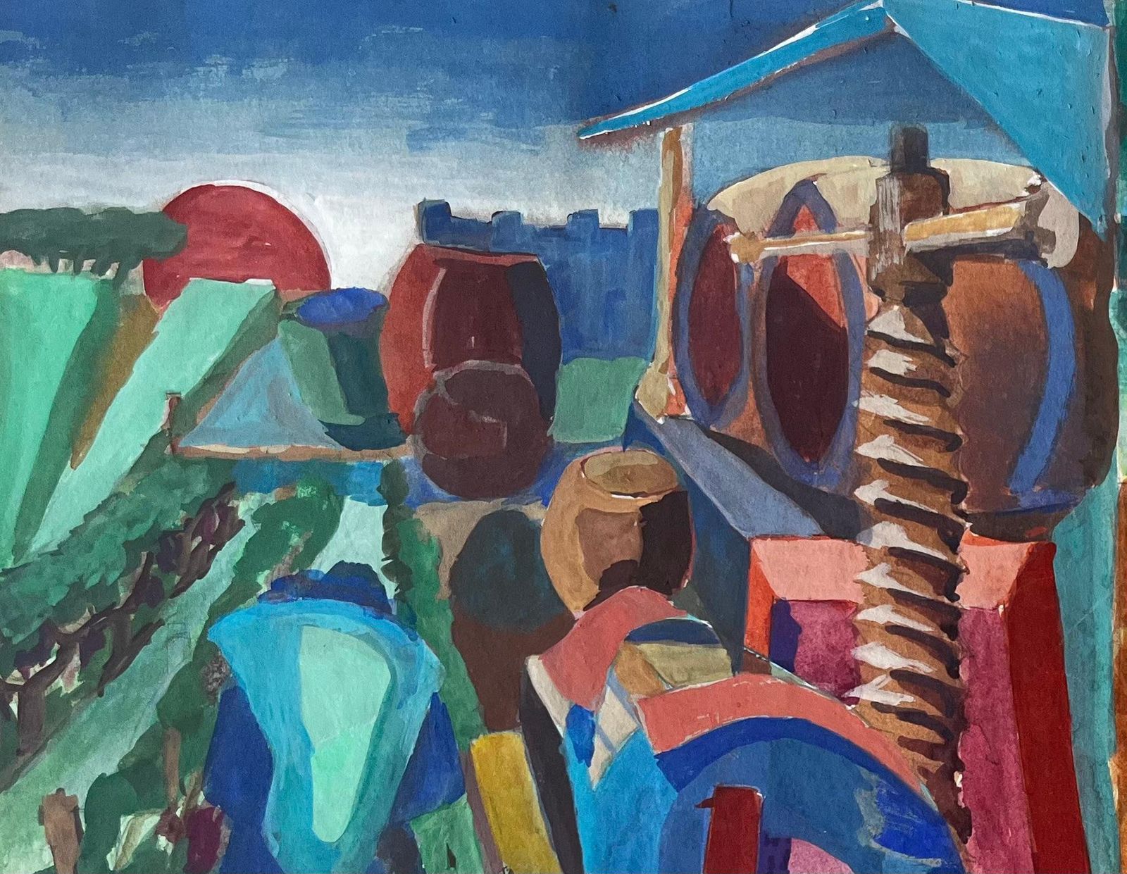 Guy Nicodcubist Gouache French Farmyard Scene With Animals Figures Wine Barrels And Tools photo 733.0