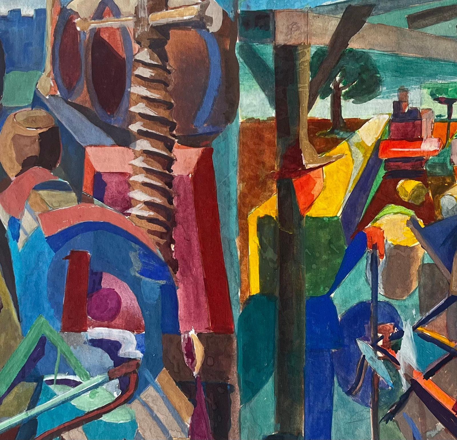 Guy Nicodcubist Gouache French Farmyard Scene With Animals Figures Wine Barrels And Tools photo buy
