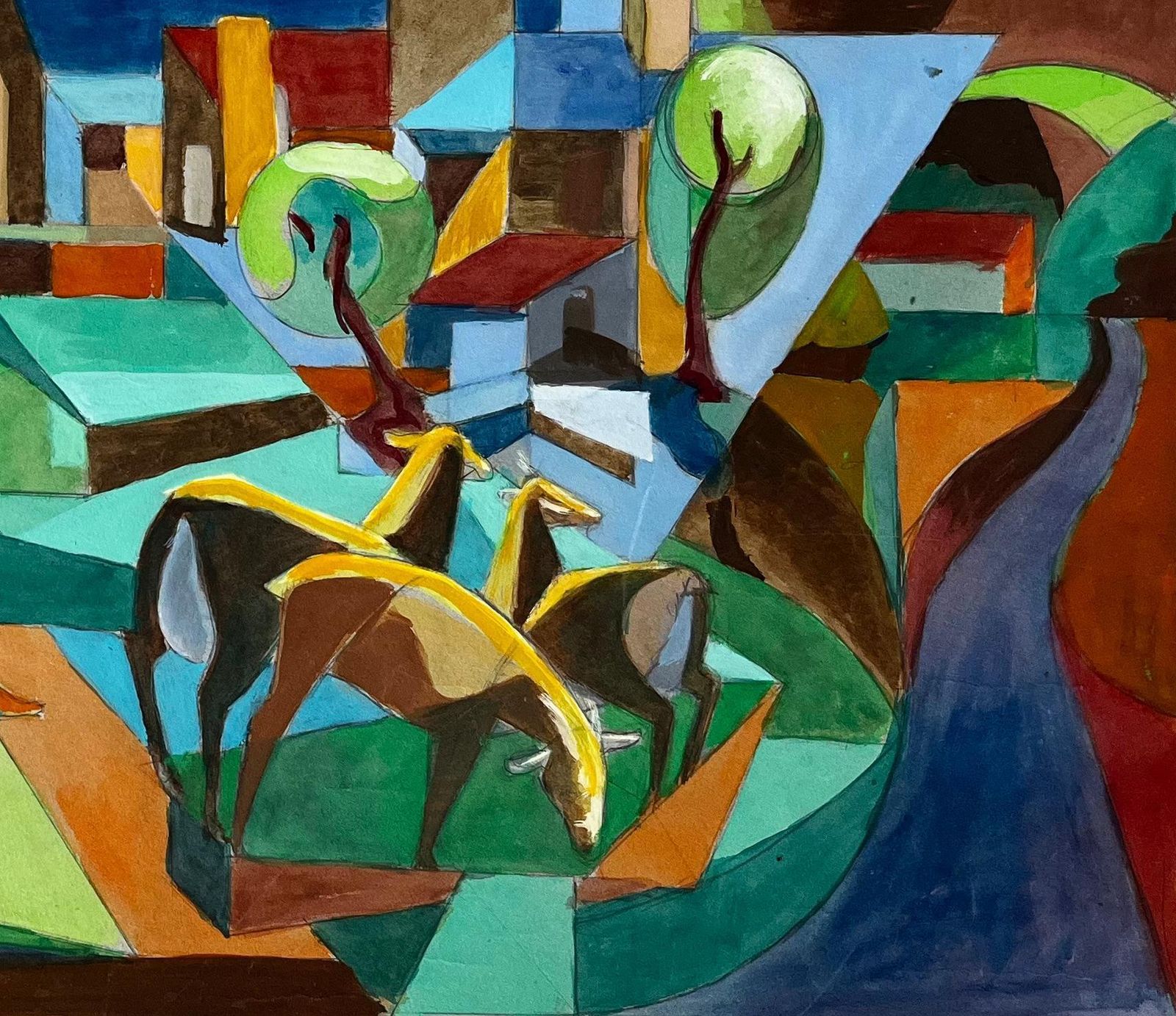 Guy Nicod Cubist French Village Landscape With Horses Church Trees And Hills Gouache photo for sale