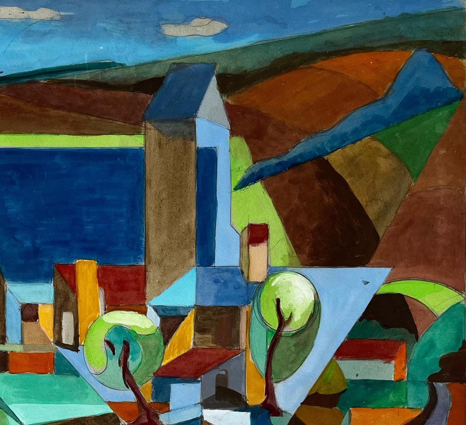 Guy Nicod Cubist French Village Landscape With Horses Church Trees And Hills Gouache photo Art