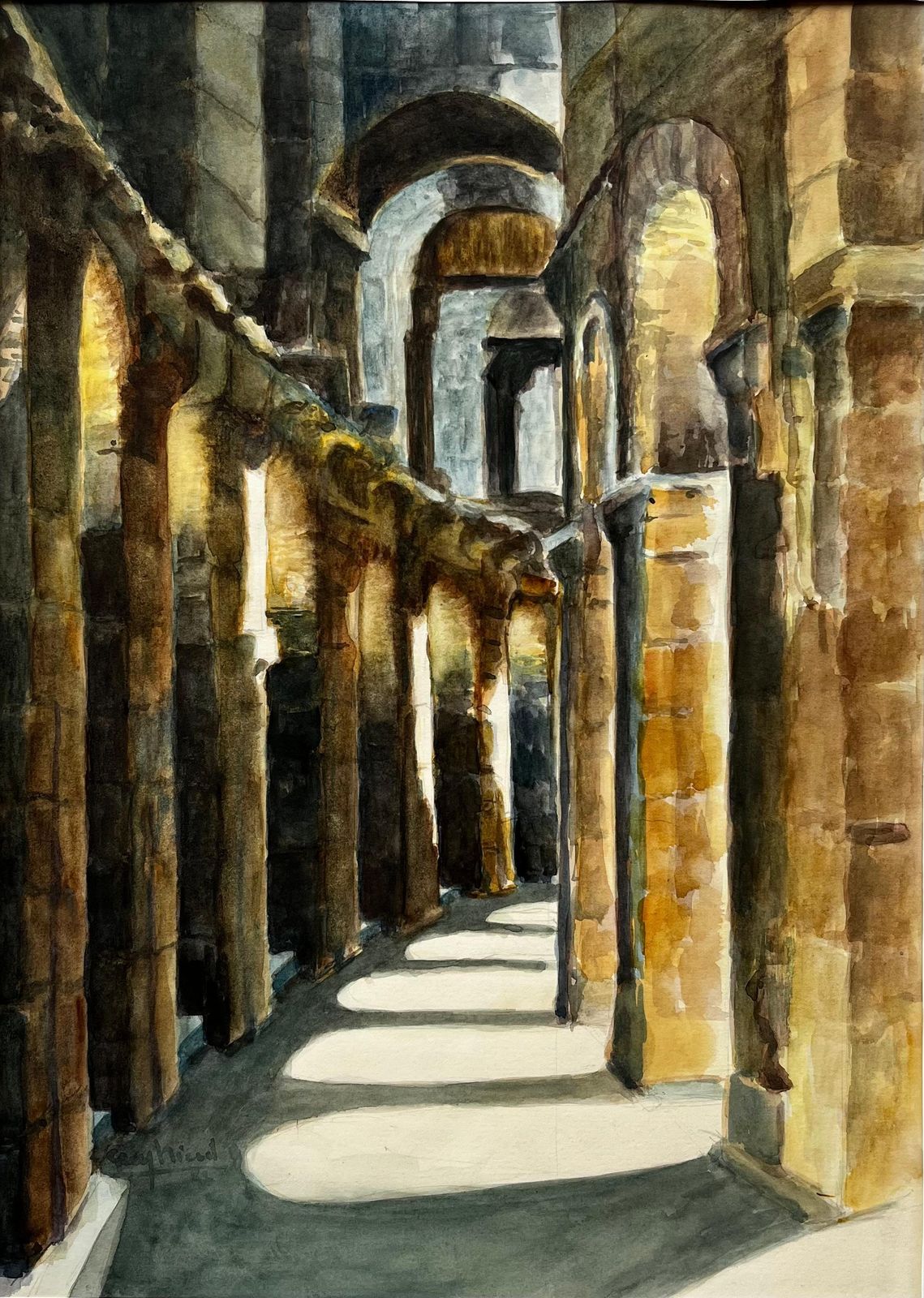 Guy Nicod Sunlit Romanesque Cloister Arches Interior Watercolor Of Stone Columns