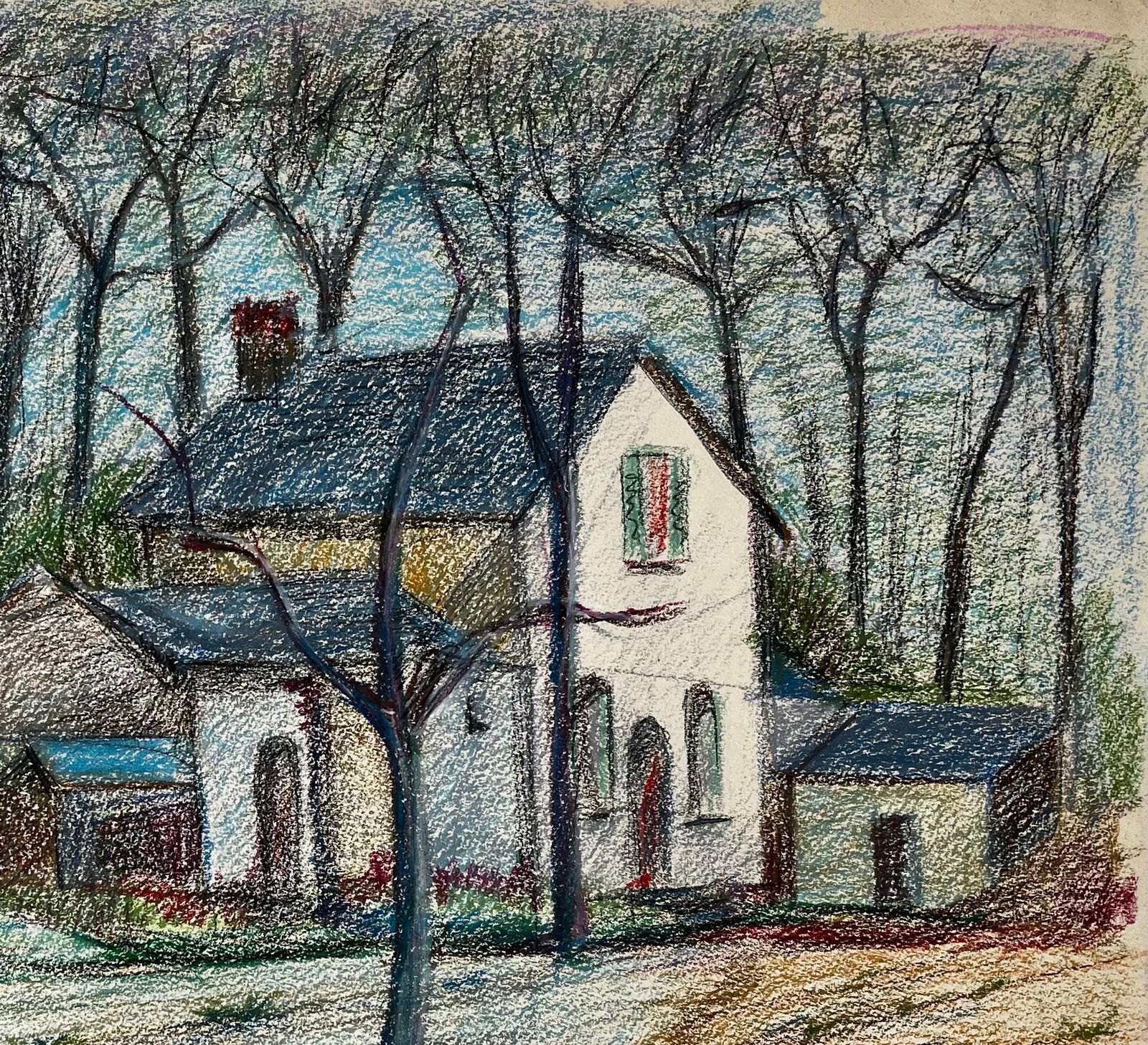 Guy Nicodwhite French Farmhouse Among Bare Trees With Ploughed Field Pastel Drawing photo for sale