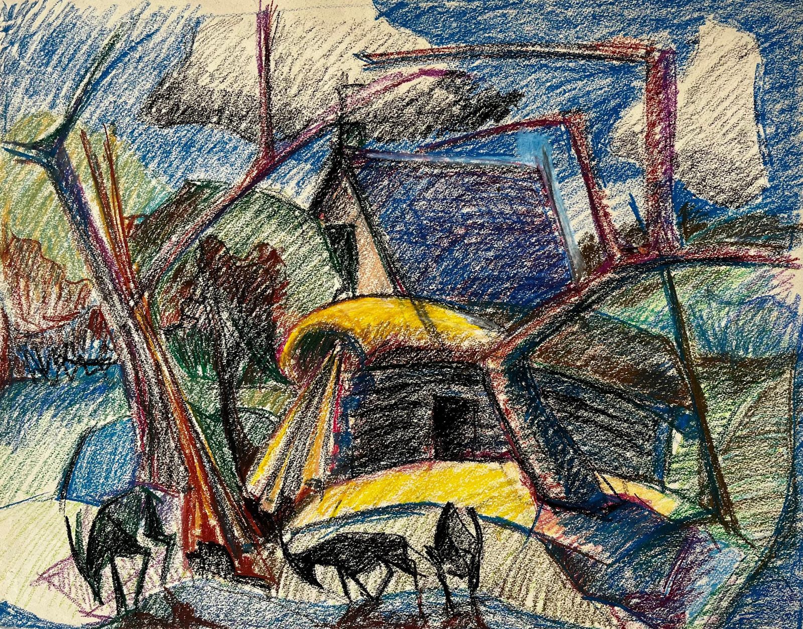 Guy Nicod Modernist French Landscape With Cows Trees And Yellow And Blue Roofs