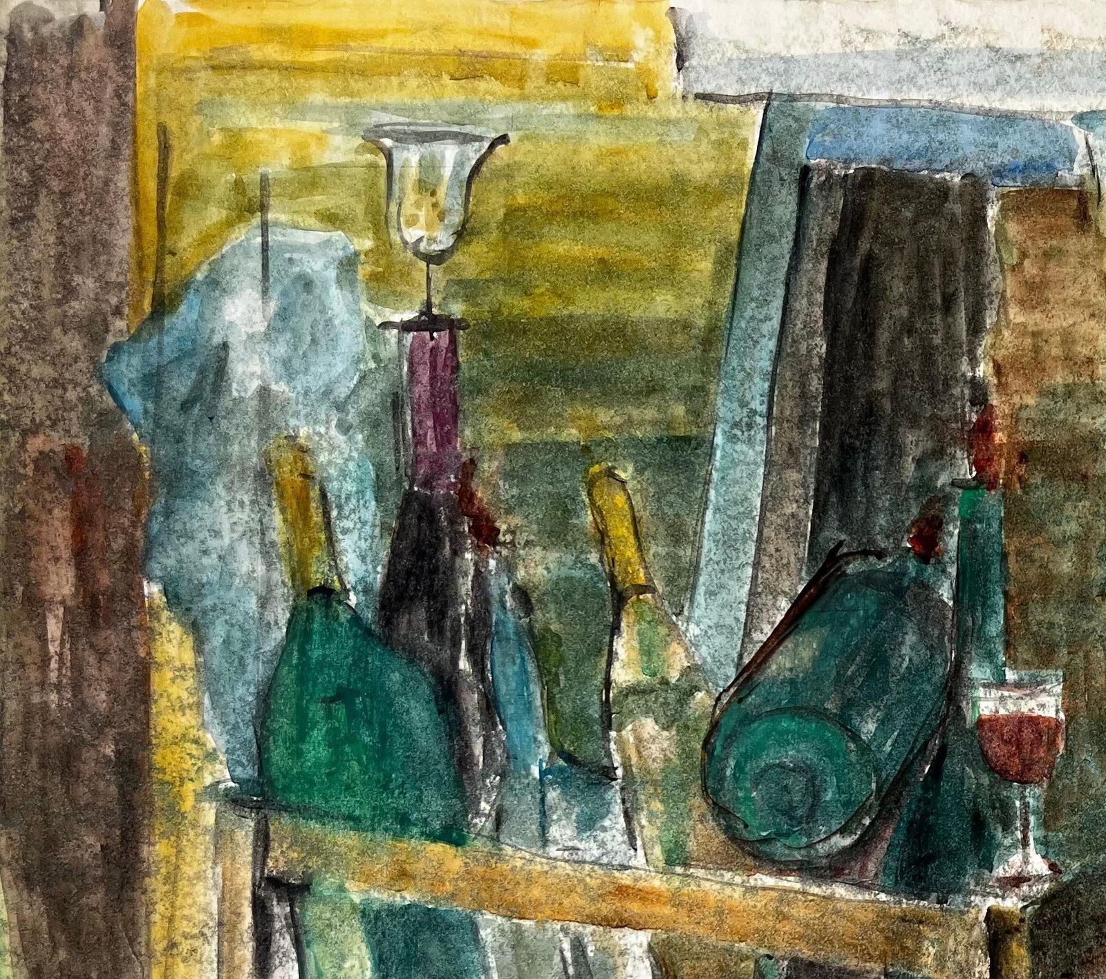 Guy Nicodwine Bottles Wooden Crate And Red Wine Glasses French Still Life Watercolour photo for sale