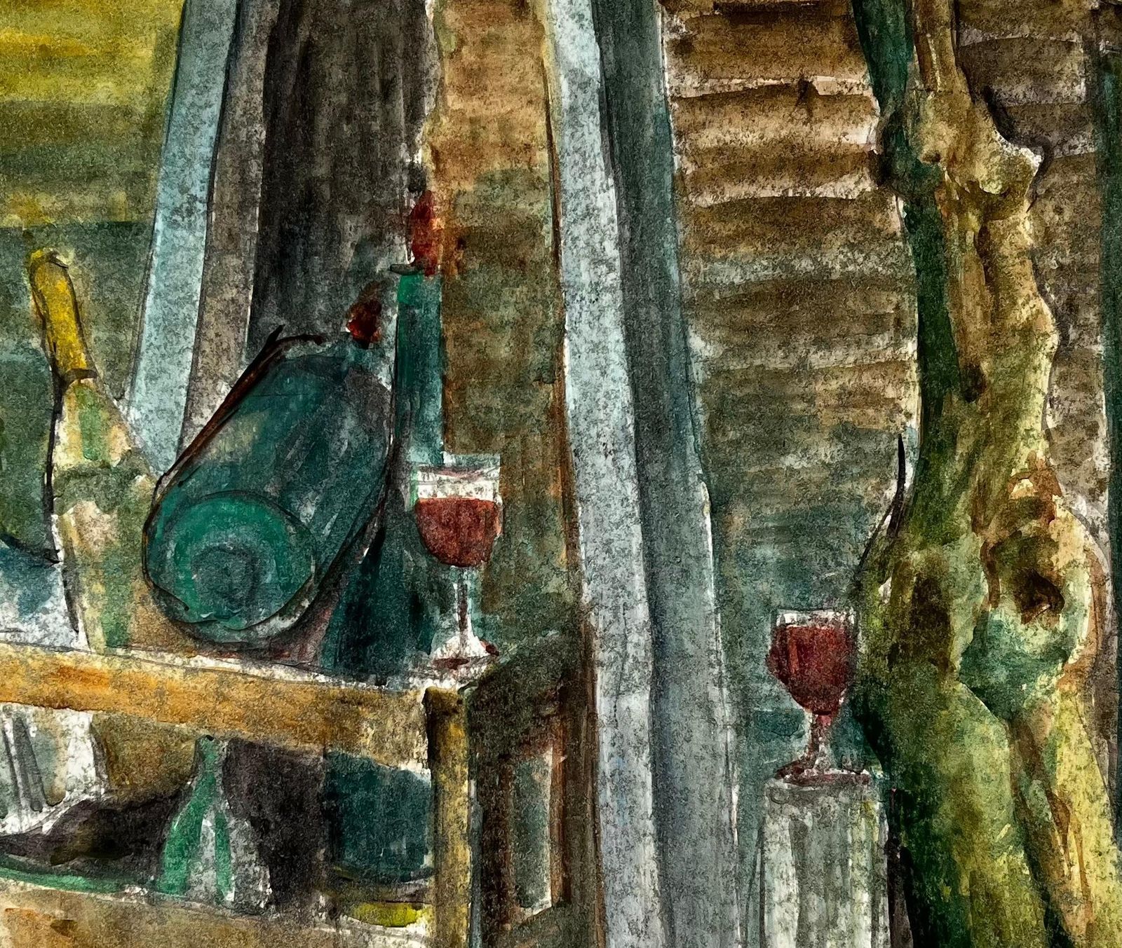 Guy Nicodwine Bottles Wooden Crate And Red Wine Glasses French Still Life Watercolour photo buy