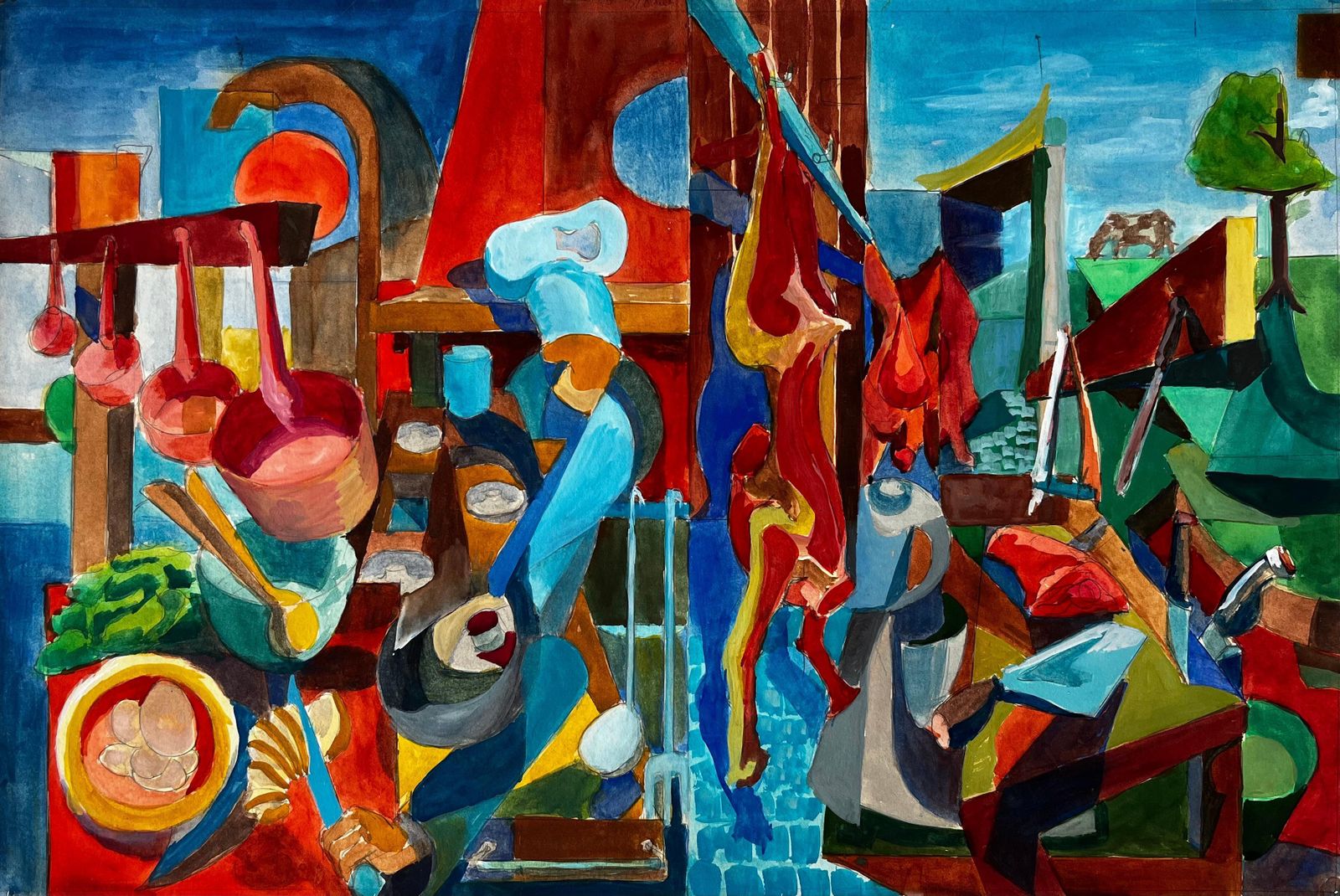 Cubist Kitchen And Butcher Scene With Hanging Meats And Utensils