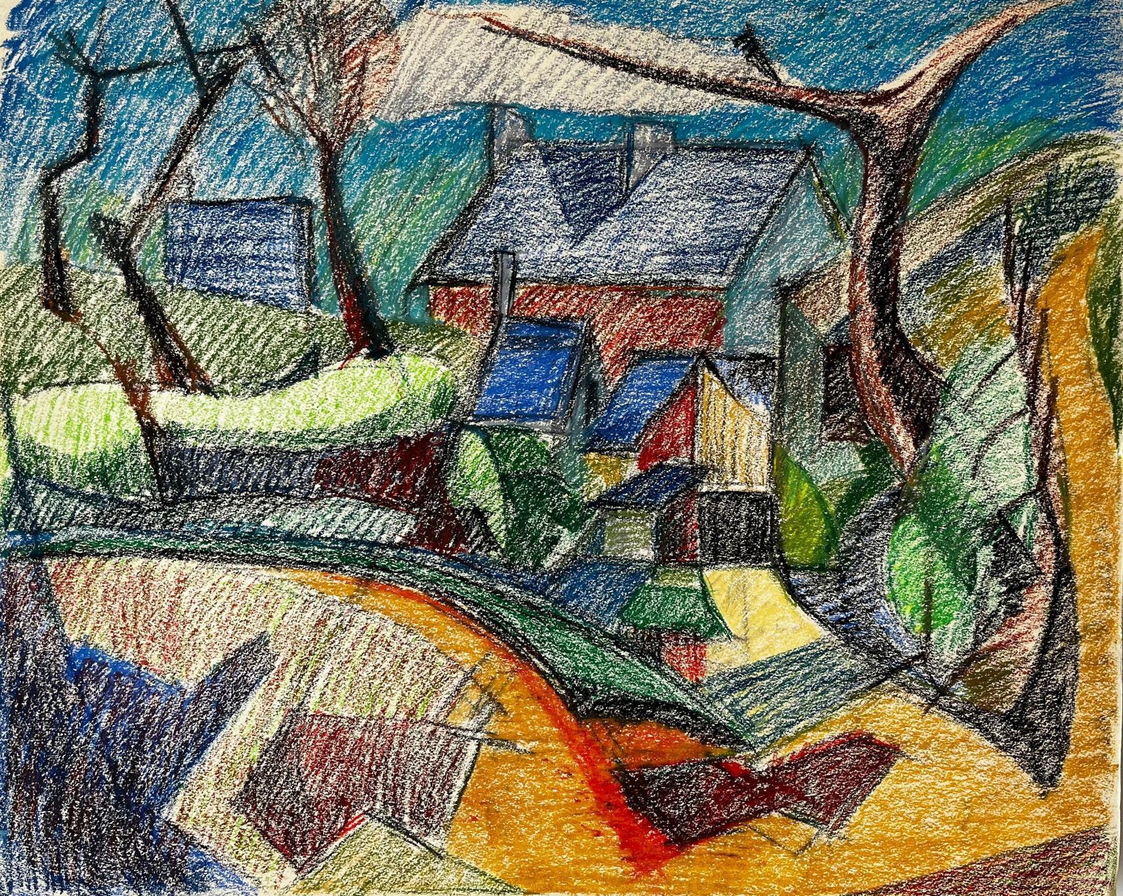 Guy Nicodcubist Village With Red Roofs And Blue Sky French Pastel Drawing