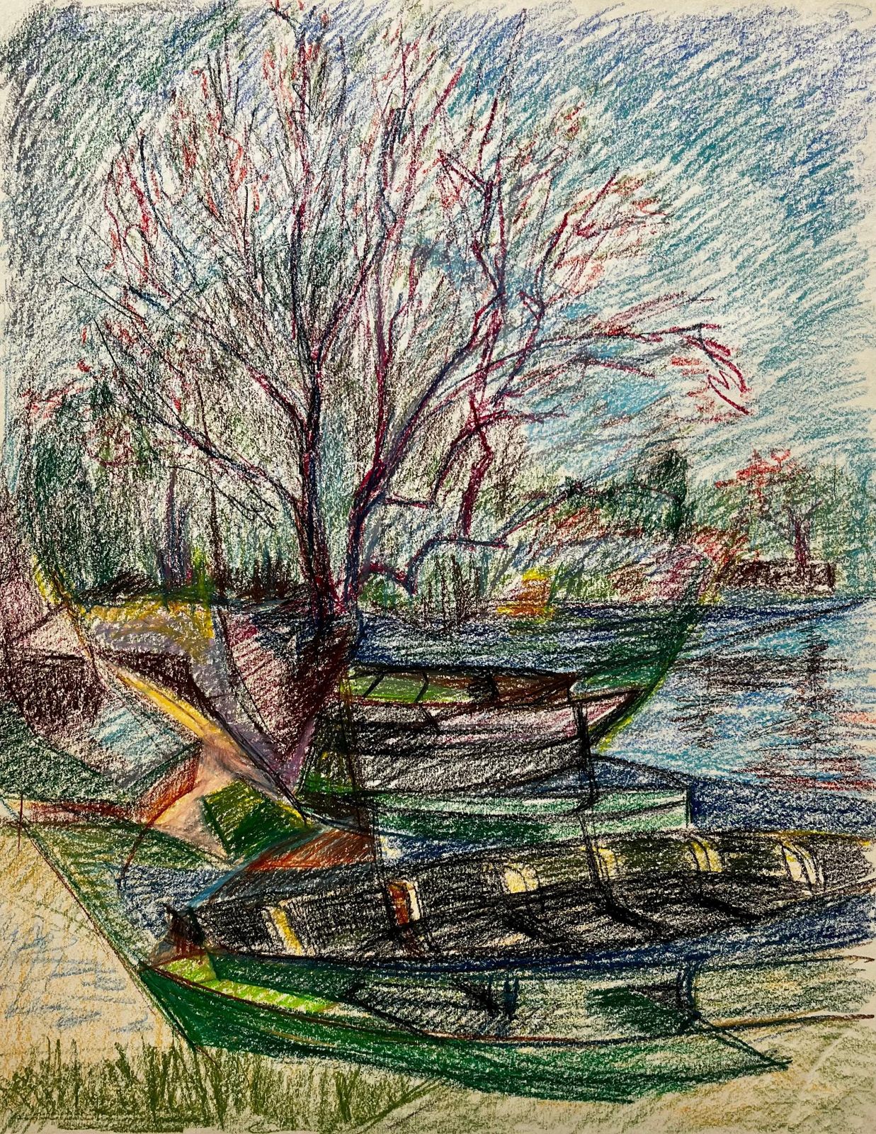 Guy Nicod Moored Boats And Bare Trees By Riverbank French Pastel Drawing