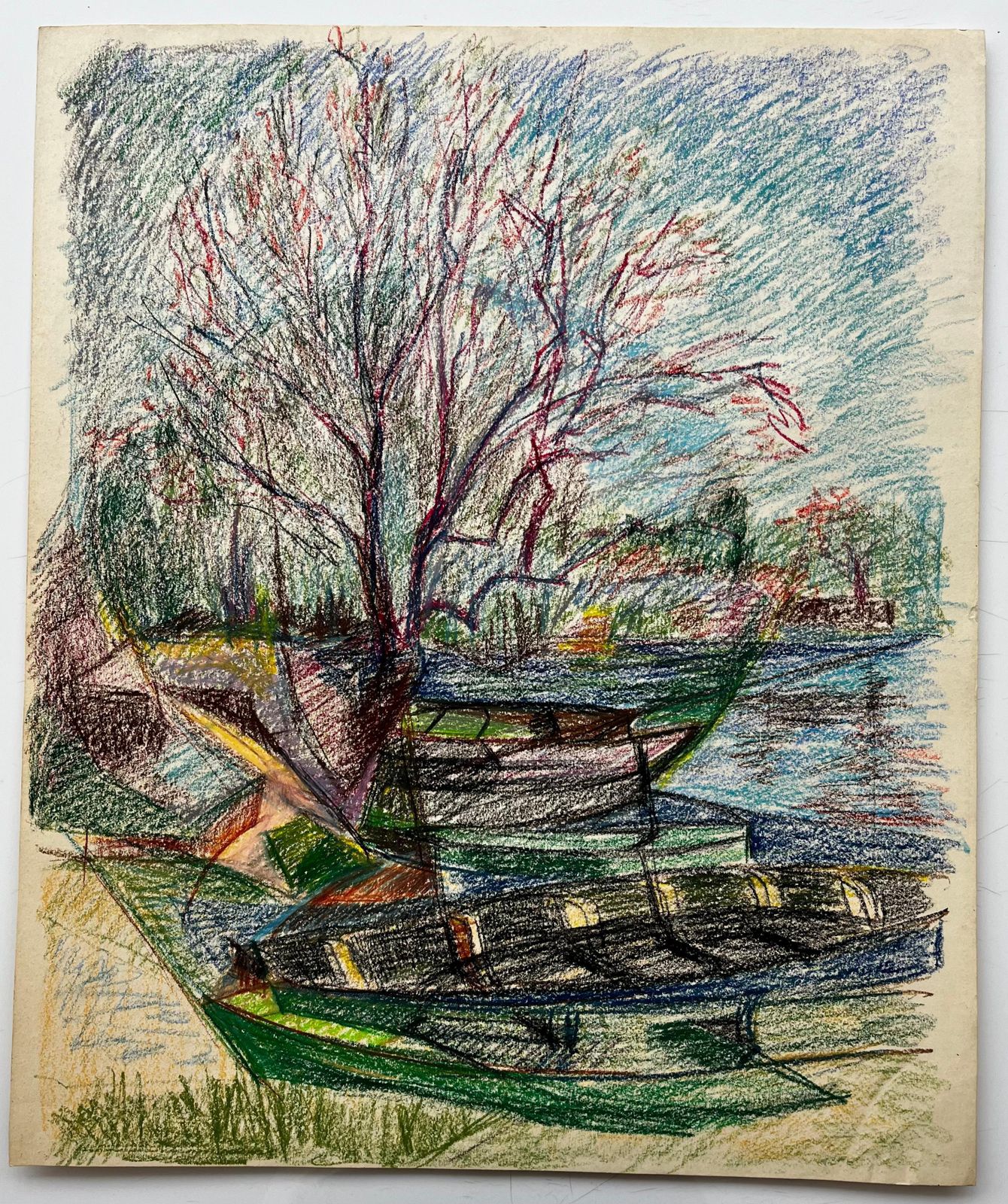 Guy Nicod Moored Boats And Bare Trees By Riverbank French Pastel Drawing photo for sale