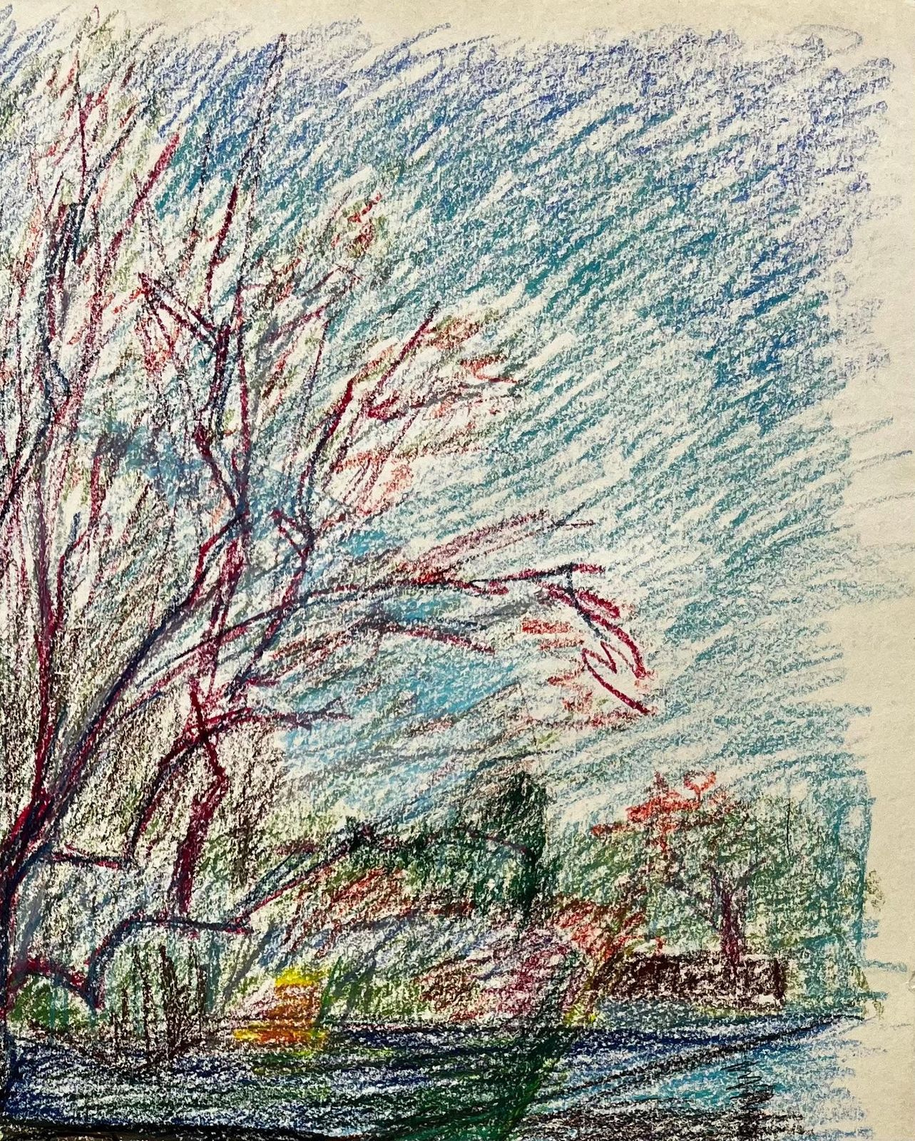 Guy Nicod Moored Boats And Bare Trees By Riverbank French Pastel Drawing photo 688.0