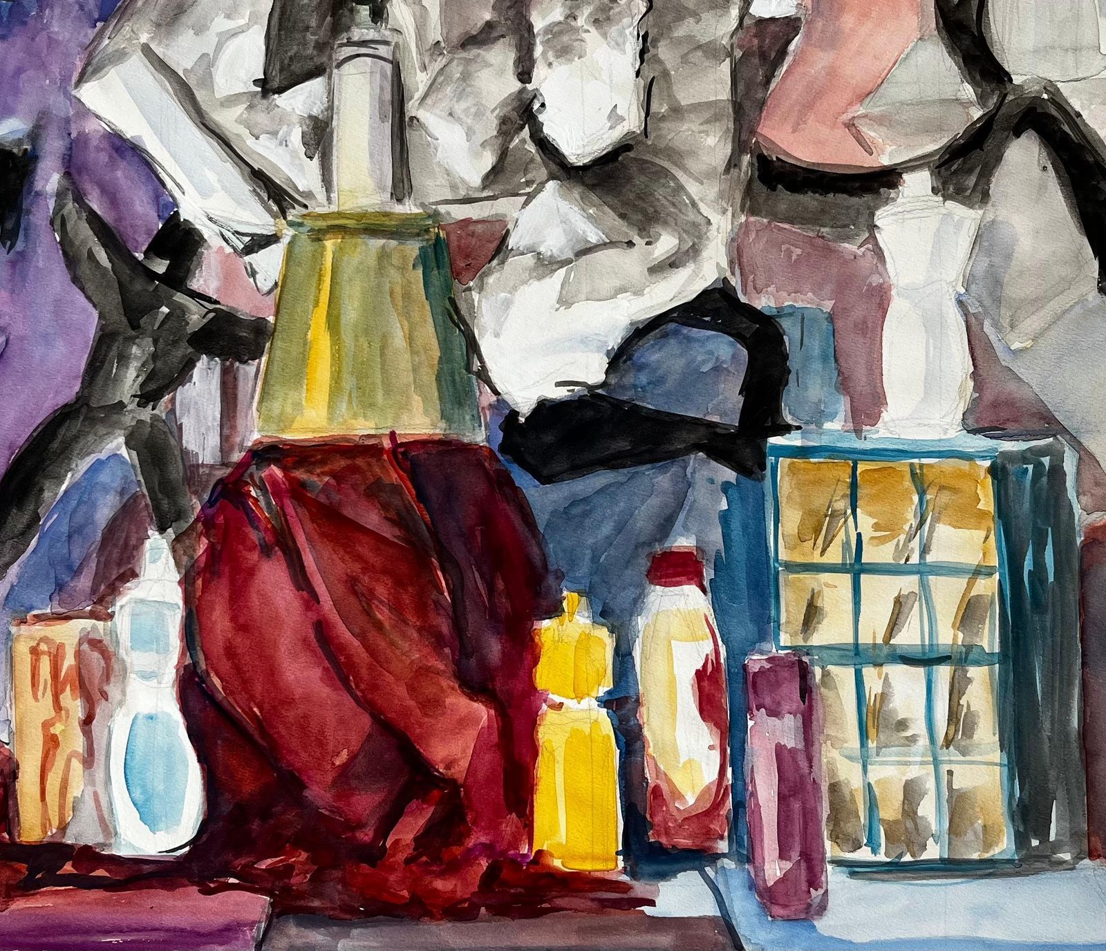 Guy Nicodfrench Cubist Still Life With Bottles Draped Cloth And Abstract Background photo vinterior