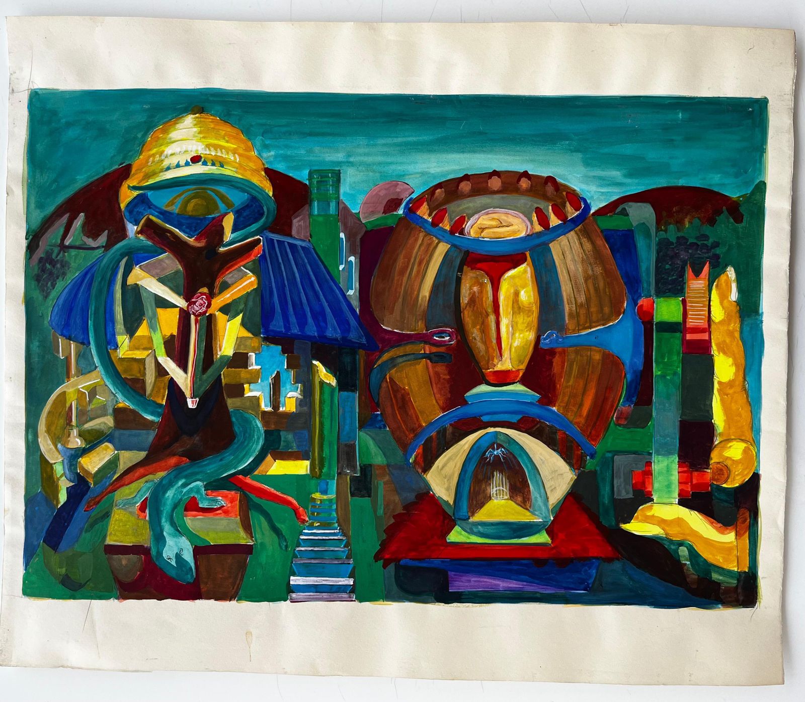 Guy Nicodcubist Surrealist Architectural Fantasy With Abstract Domes French Gouache photo furniture