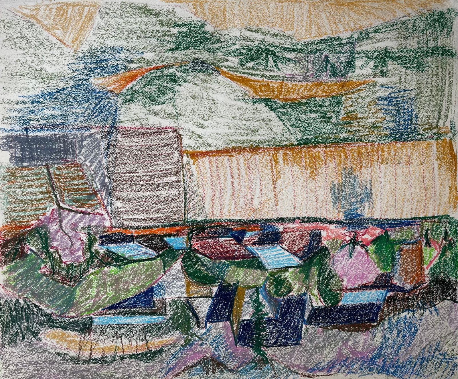 Guy Nicodabstract French Village With Colourful Rooftops And Mountain Landscape Drawing