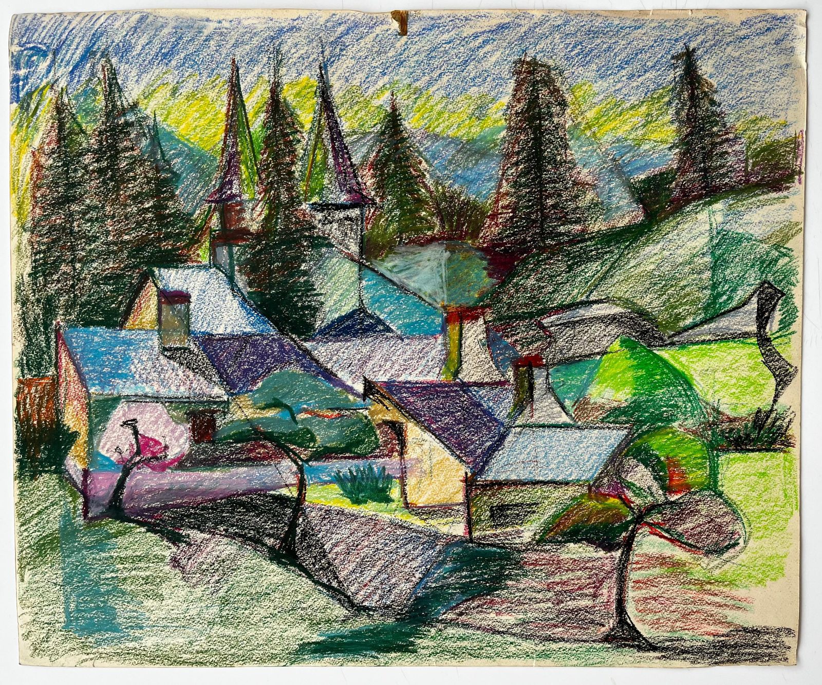 Guy Nicodfrench Village With Steeples And Pine Trees Colourful Pastel Landscape Drawing photo furniture