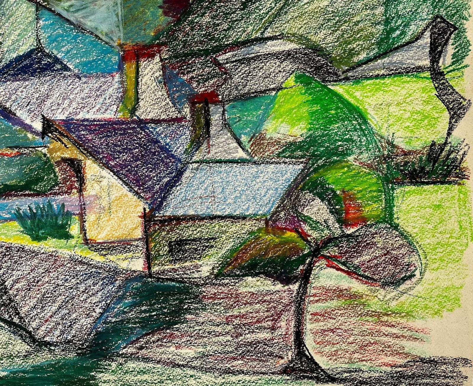 Guy Nicodfrench Village With Steeples And Pine Trees Colourful Pastel Landscape Drawing photo for sale