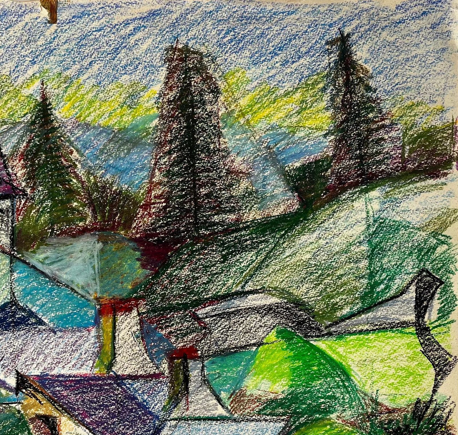 Guy Nicodfrench Village With Steeples And Pine Trees Colourful Pastel Landscape Drawing photo Art