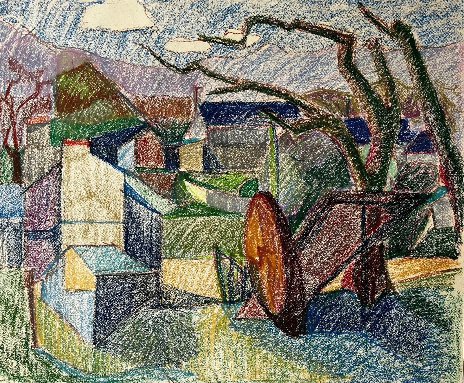 Guy Nicodcolourful French Farmyard Scene With Tree Trunks And Mountain View Drawing