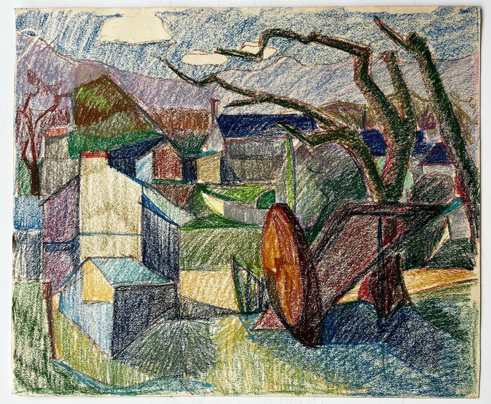 Guy Nicodcolourful French Farmyard Scene With Tree Trunks And Mountain View Drawing photo for sale