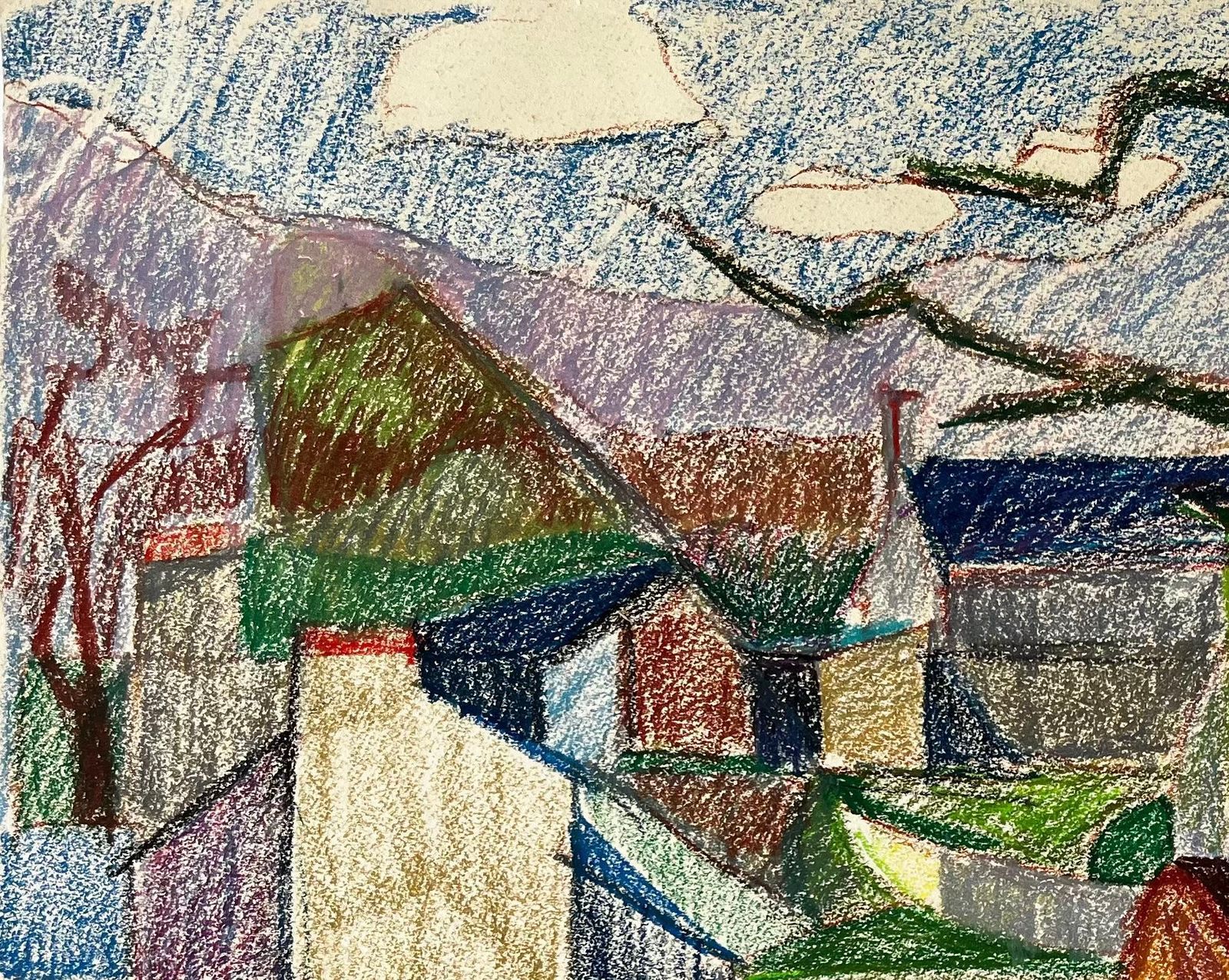 Guy Nicodcolourful French Farmyard Scene With Tree Trunks And Mountain View Drawing photo 570.0