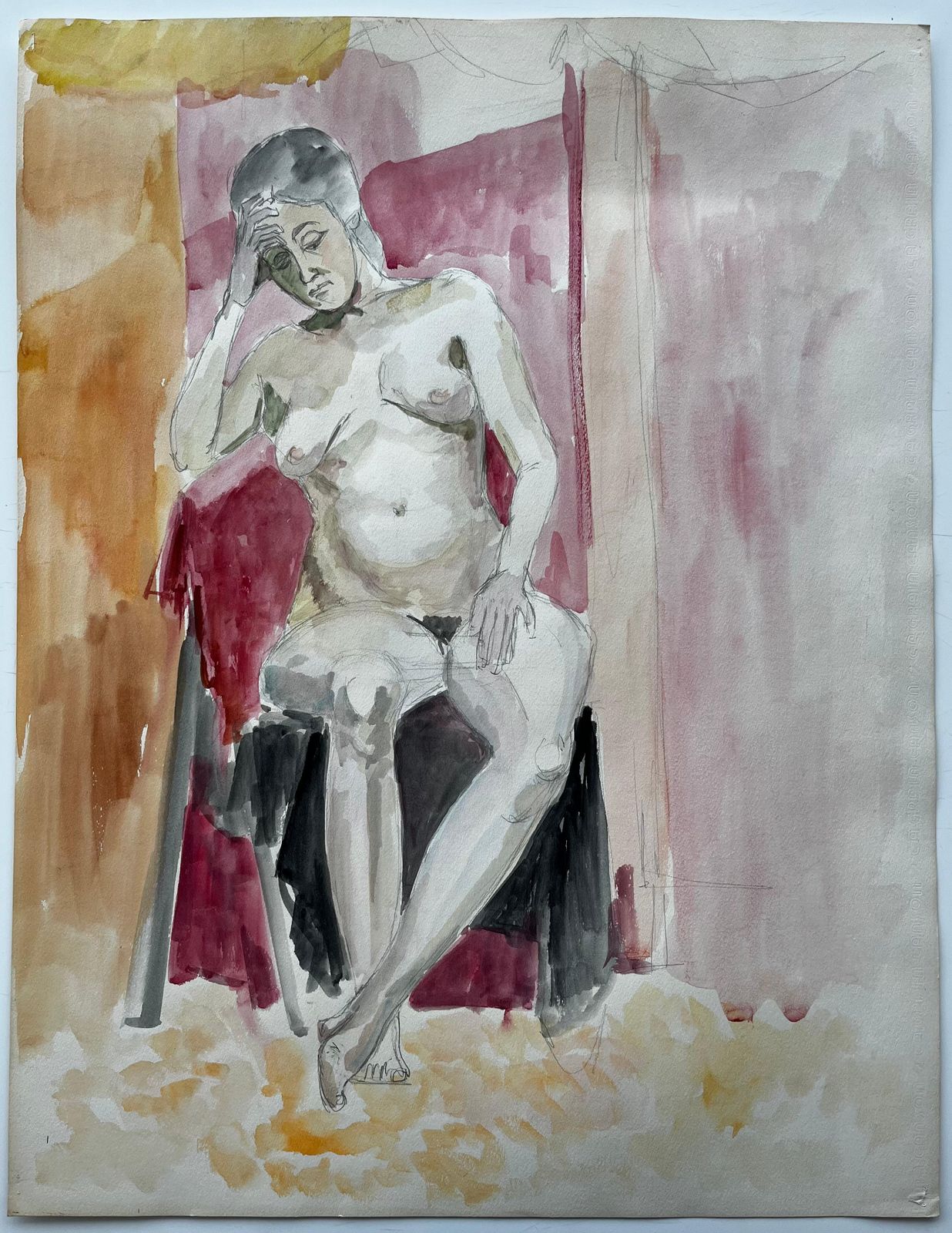 Guy Nicod Seated Female Nude Study In Red Chair French Modernist Watercolour Life Drawing photo furniture