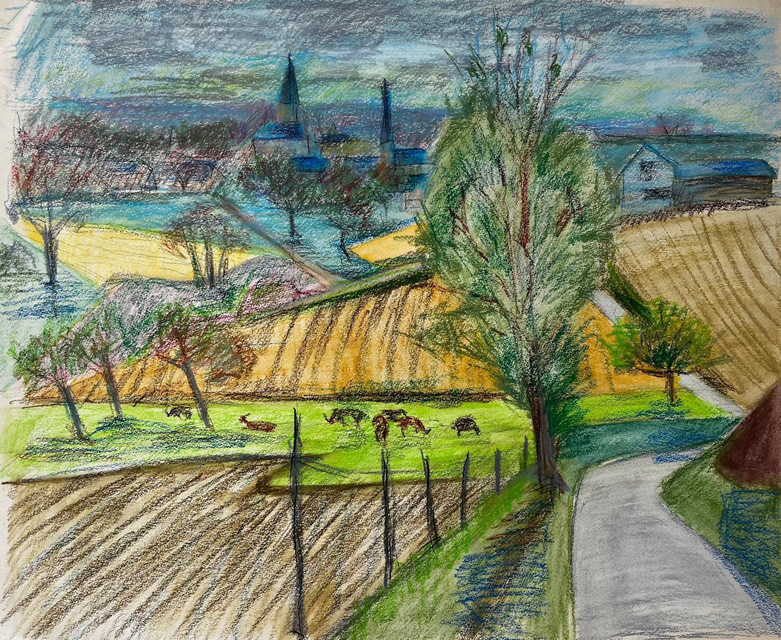 Guy Nicodfrench Countryside Landscape With Cows Fields And Village Church Spires Drawing