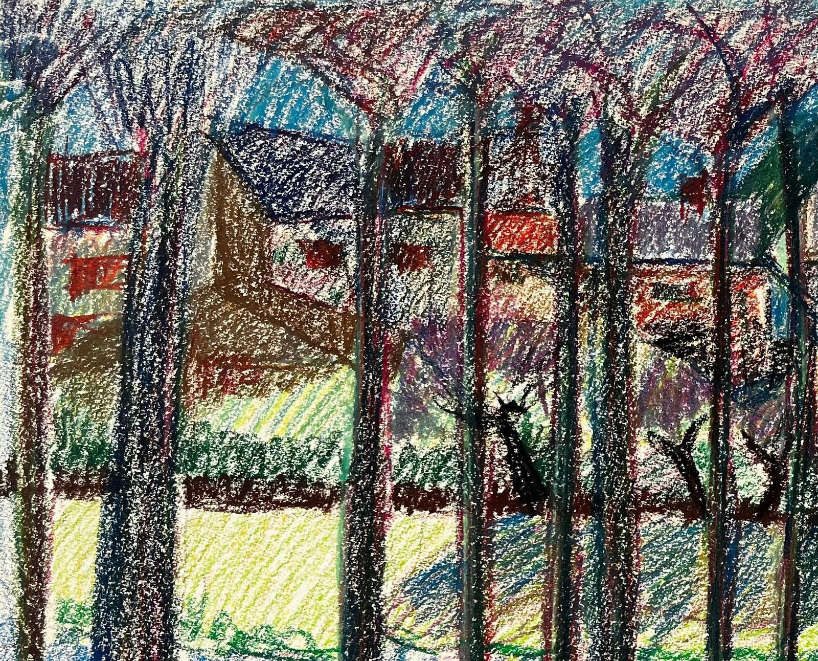 Guy Nicod Colourful French Village Landscape Seen Through Trees Pastel Drawing photo Art