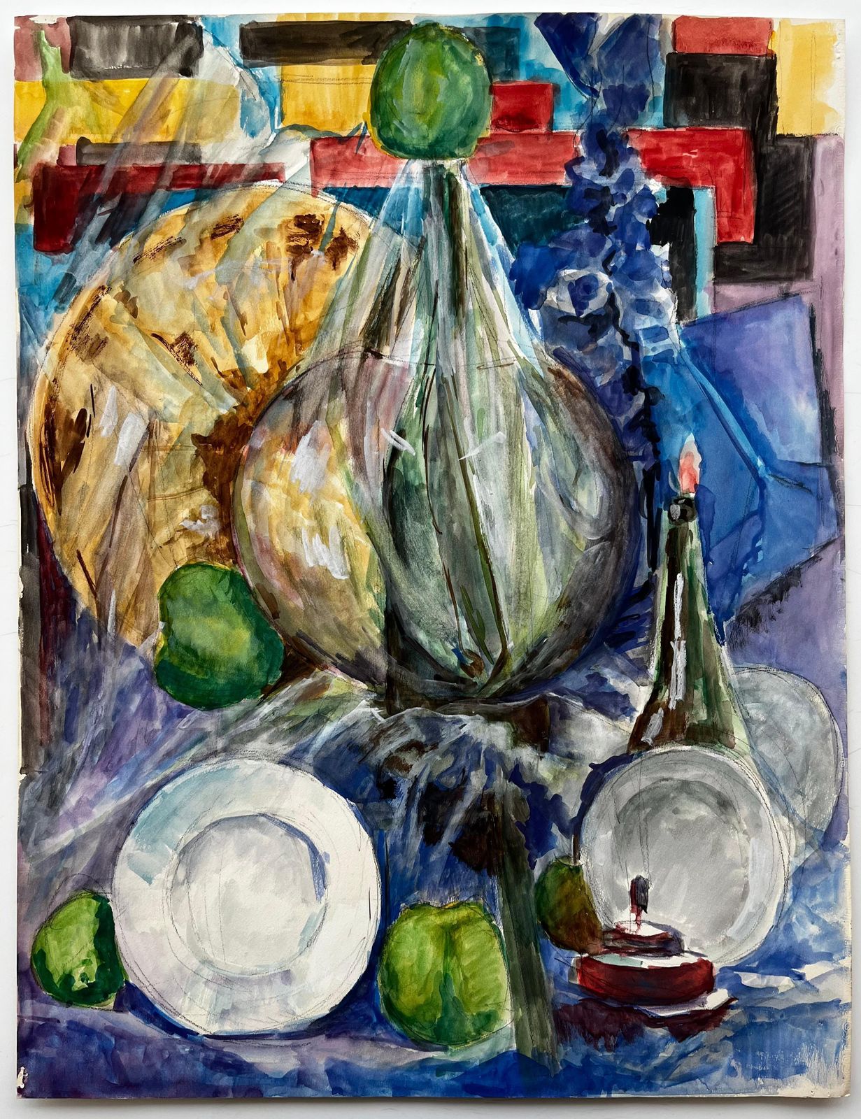 Guy Nicodlarge Demijohn Bottle With Green Apples French Still Life Watercolour Painting photo furniture