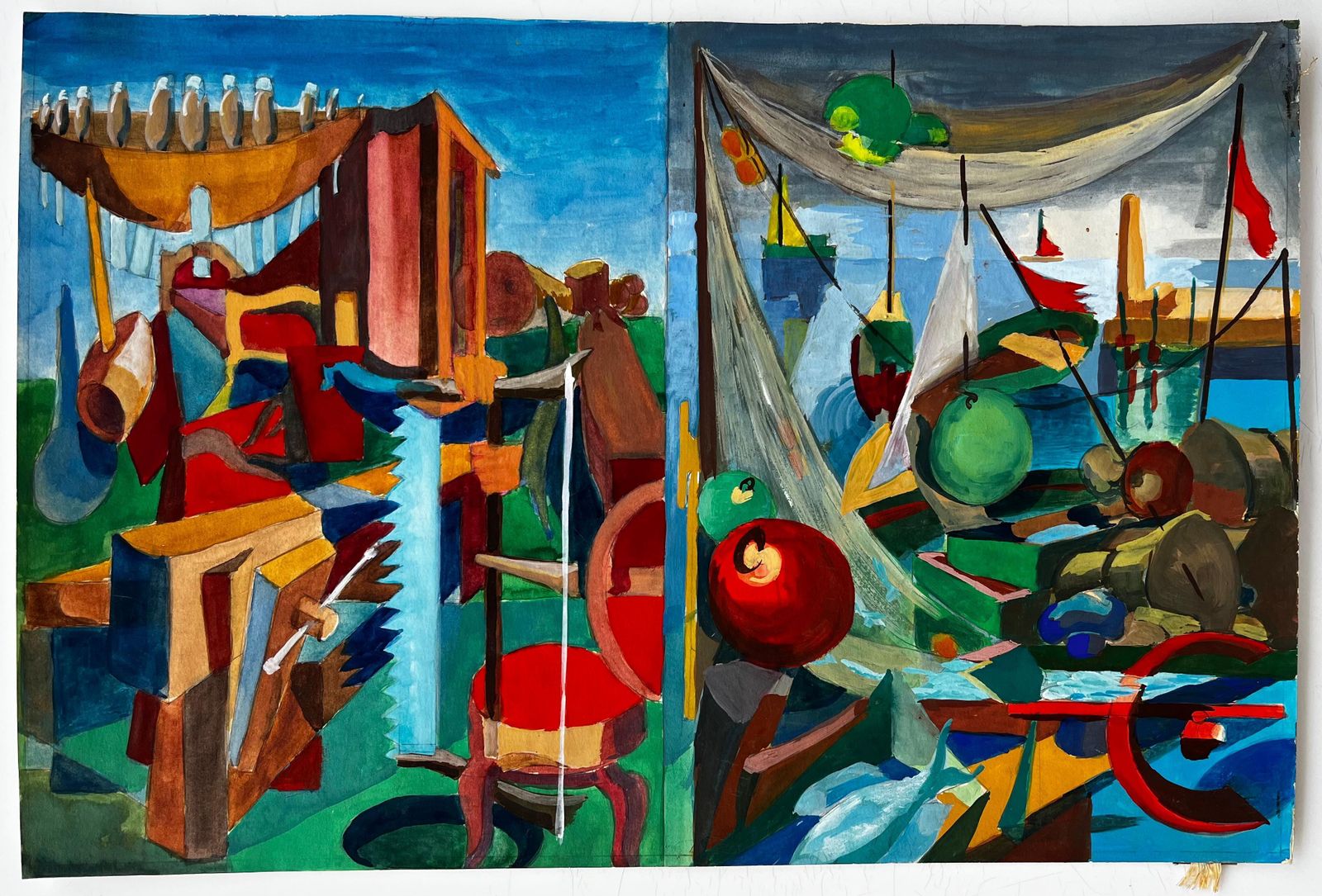Guy Nicod Cubist Harbour Scene With Boats Nets And Fishing Equipment photo furniture