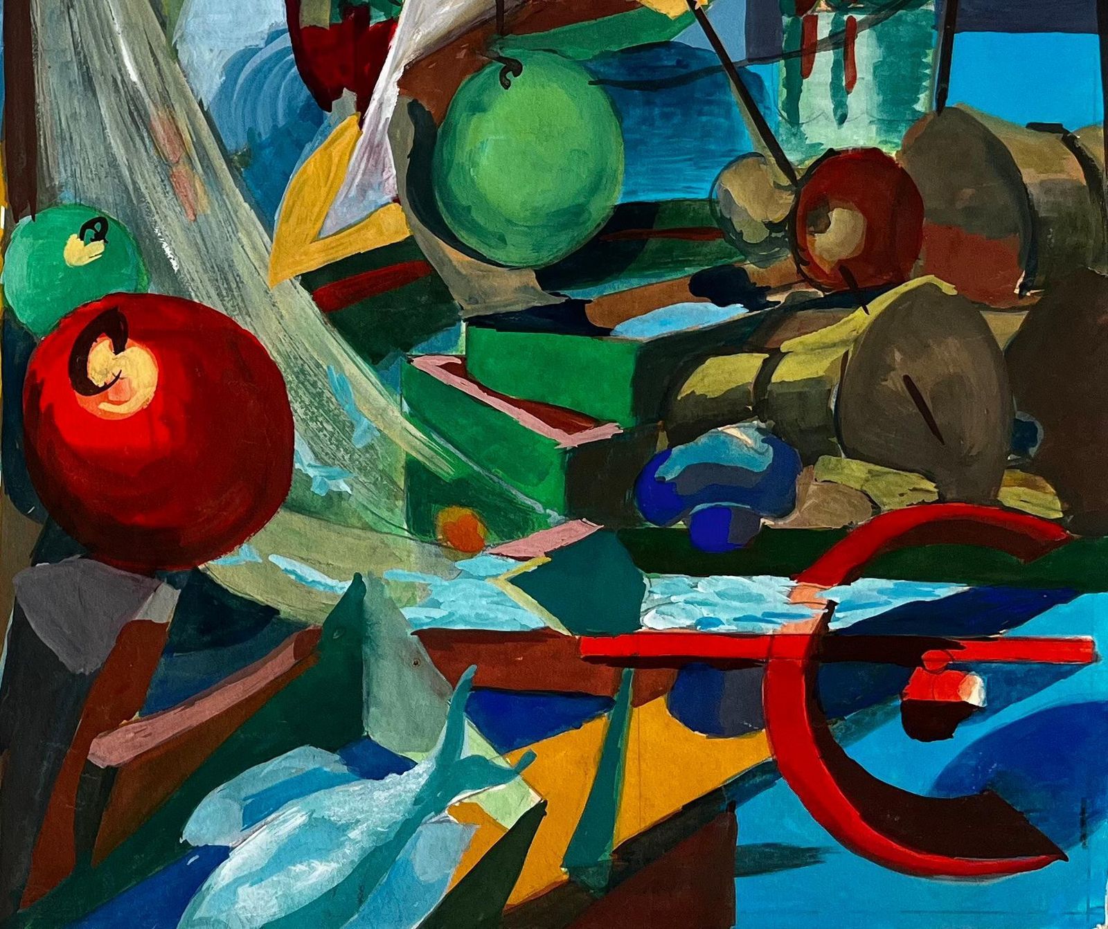 Guy Nicod Cubist Harbour Scene With Boats Nets And Fishing Equipment photo for sale