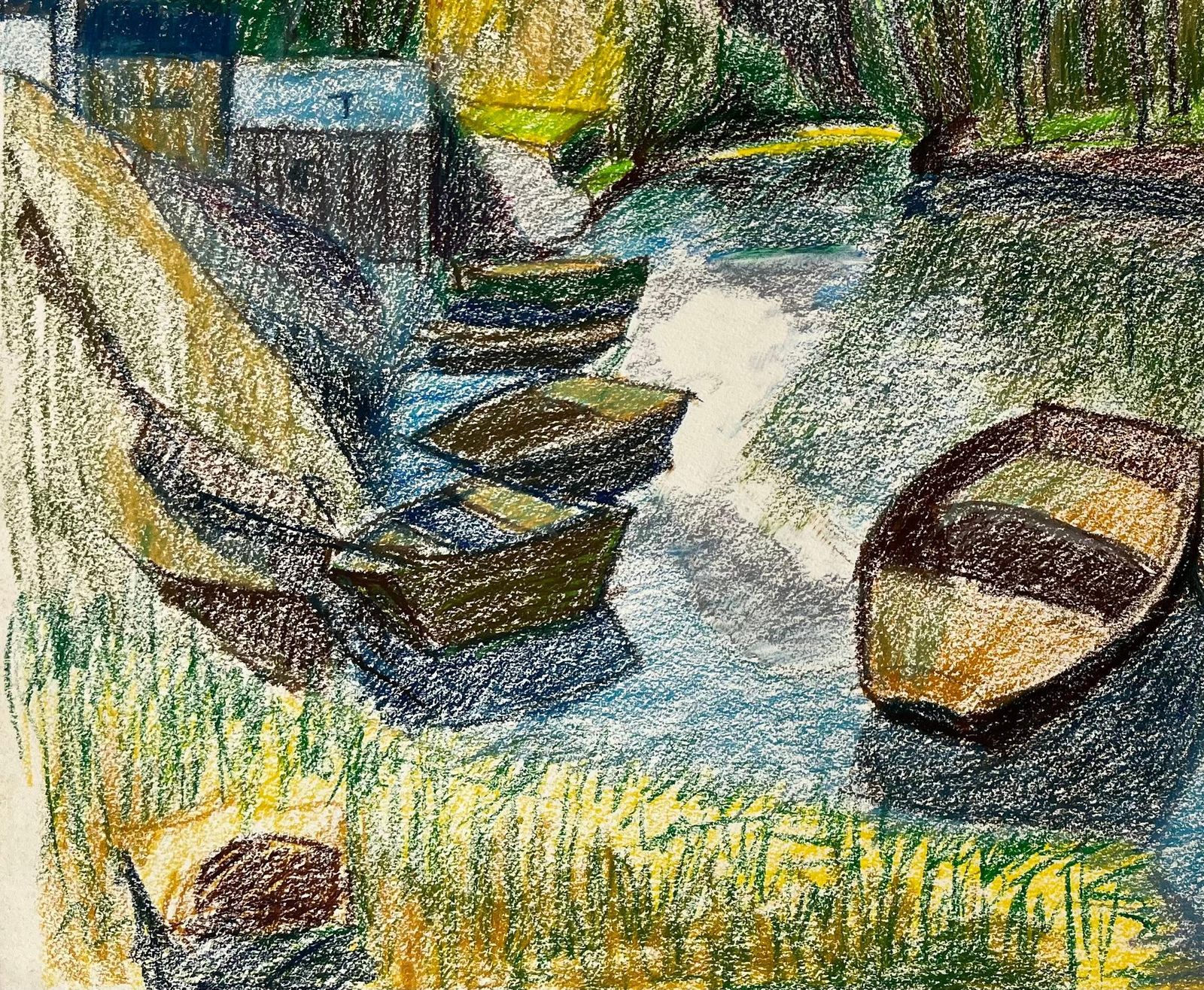 Guy Nicod French Riverbank Scene With Rowboats Trees And Reflections Pastel Drawing photo 640.0
