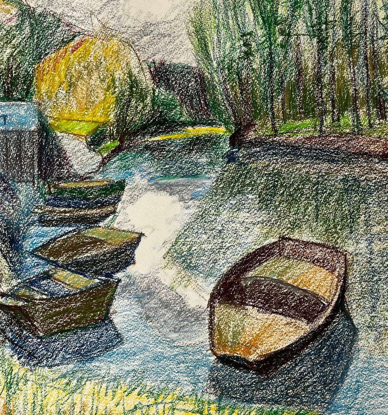 Guy Nicod French Riverbank Scene With Rowboats Trees And Reflections Pastel Drawing photo buy