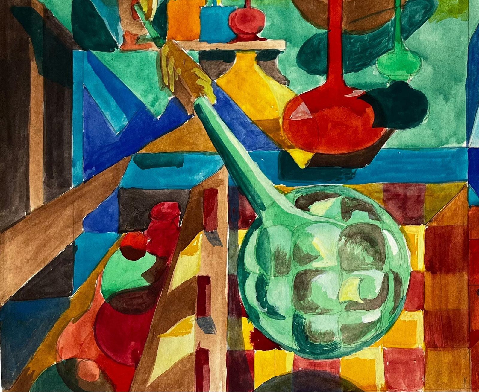 Guy Nicod Cubist Still Life With Glass Bottles Vessels And Abstract Architectural Interior photo Art