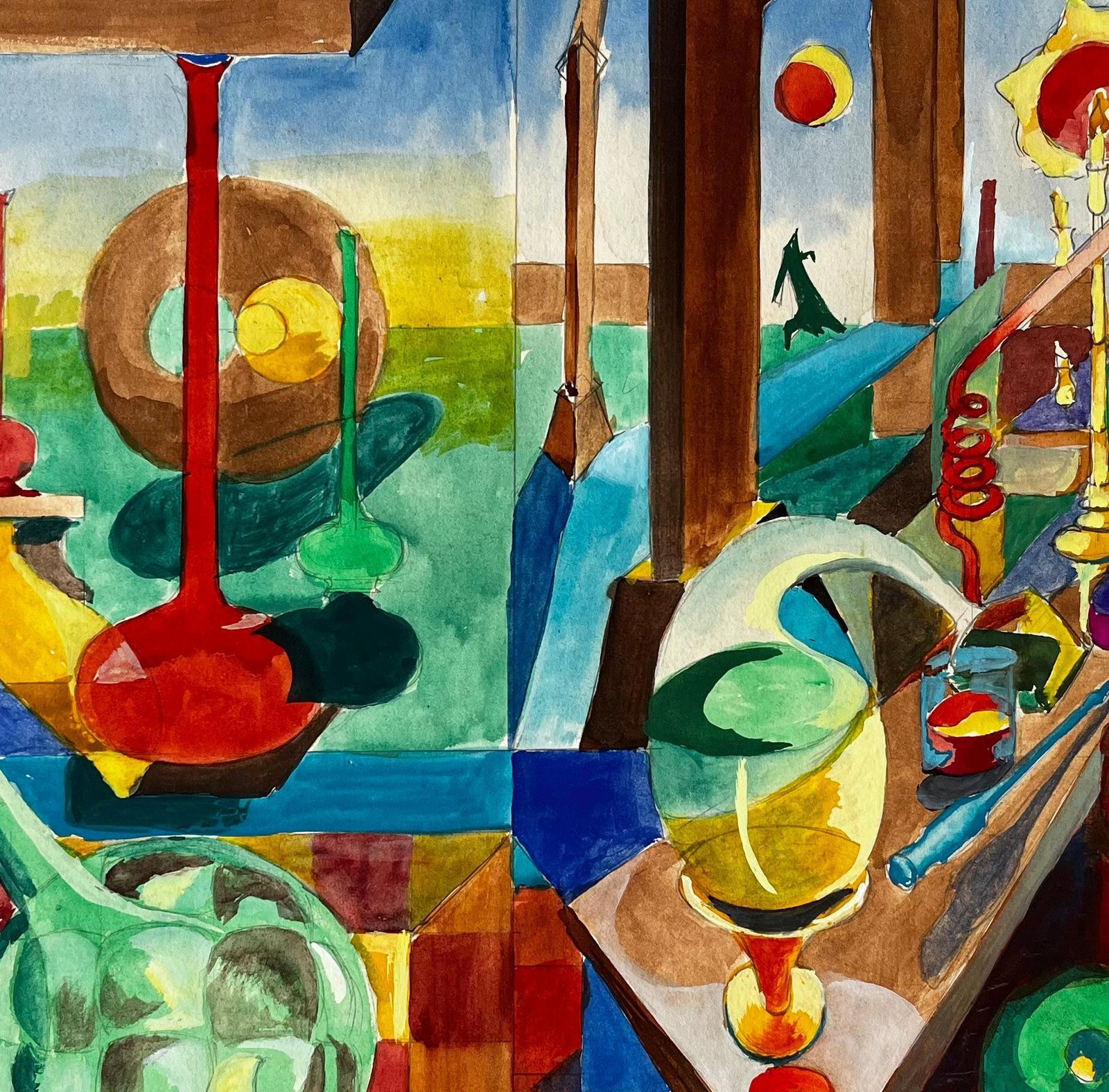 Guy Nicod Cubist Still Life With Glass Bottles Vessels And Abstract Architectural Interior photo buy