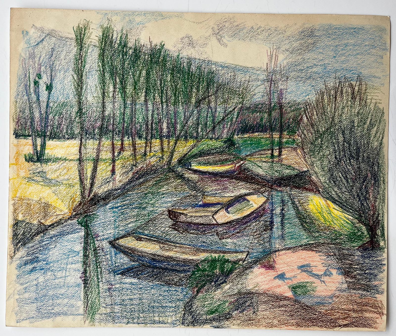Guy Nicod Moored Boats On A Reflective River French Pastel Drawing photo furniture